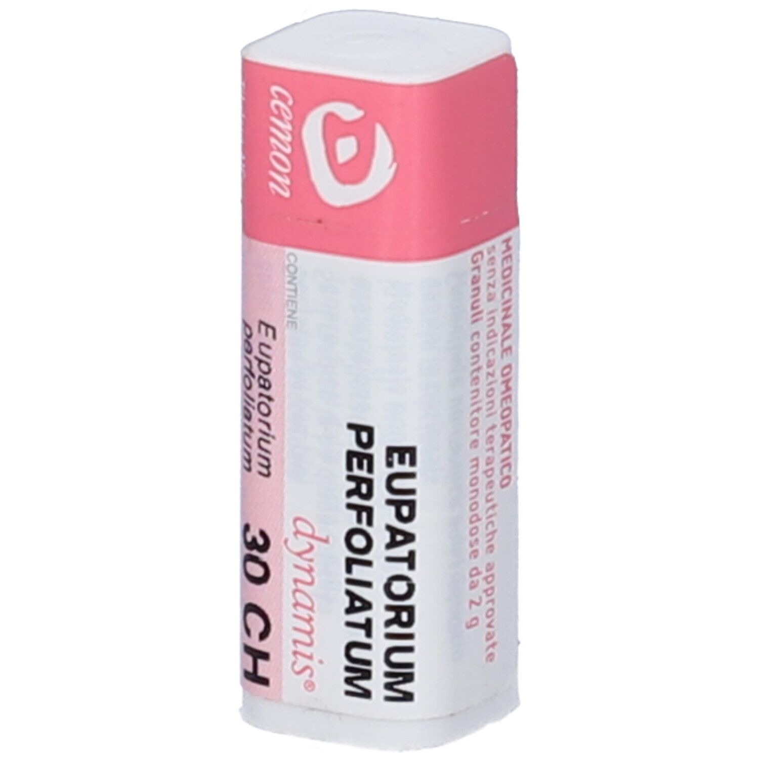 Confezione cilindrica con etichetta rosa e bianca. Scritte: Eupatorium Perfoliatum 30 CH, dynamis, cemon.