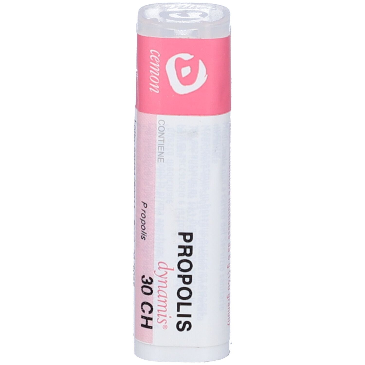 Confezione cilindrica. Fascia rosa con nome prodotto PROPOLIS 30 CH. Marchio: dynamis.