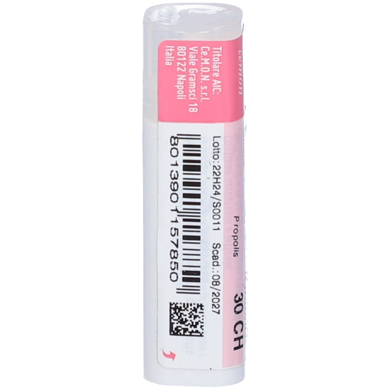 Confezione cilindrica. Fascia rosa con nome prodotto PROPOLIS 30 CH. Marchio: dynamis. Codice a barre.