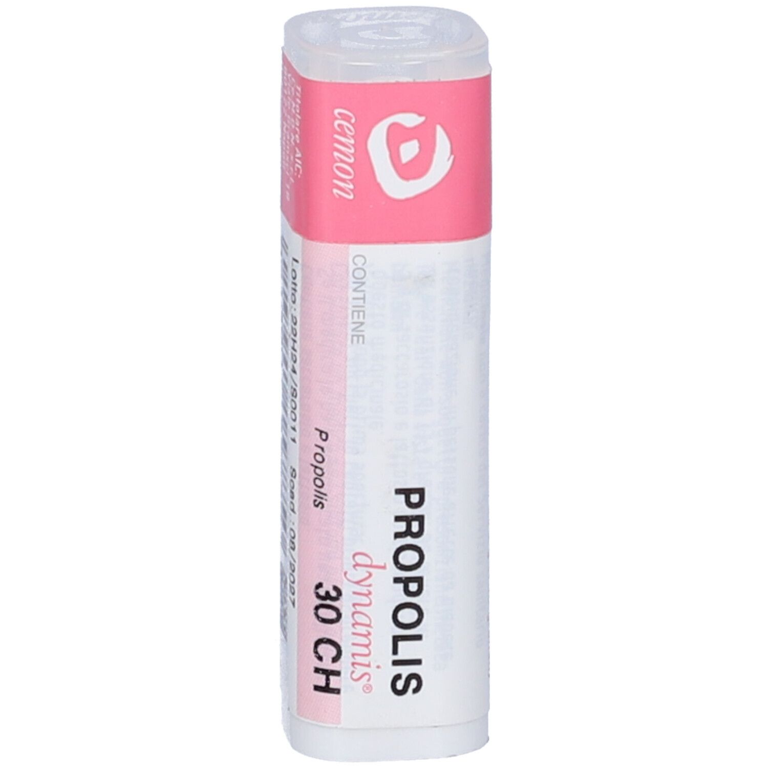 Confezione cilindrica. Fascia rosa con nome prodotto PROPOLIS 30 CH. Marchio: dynamis.