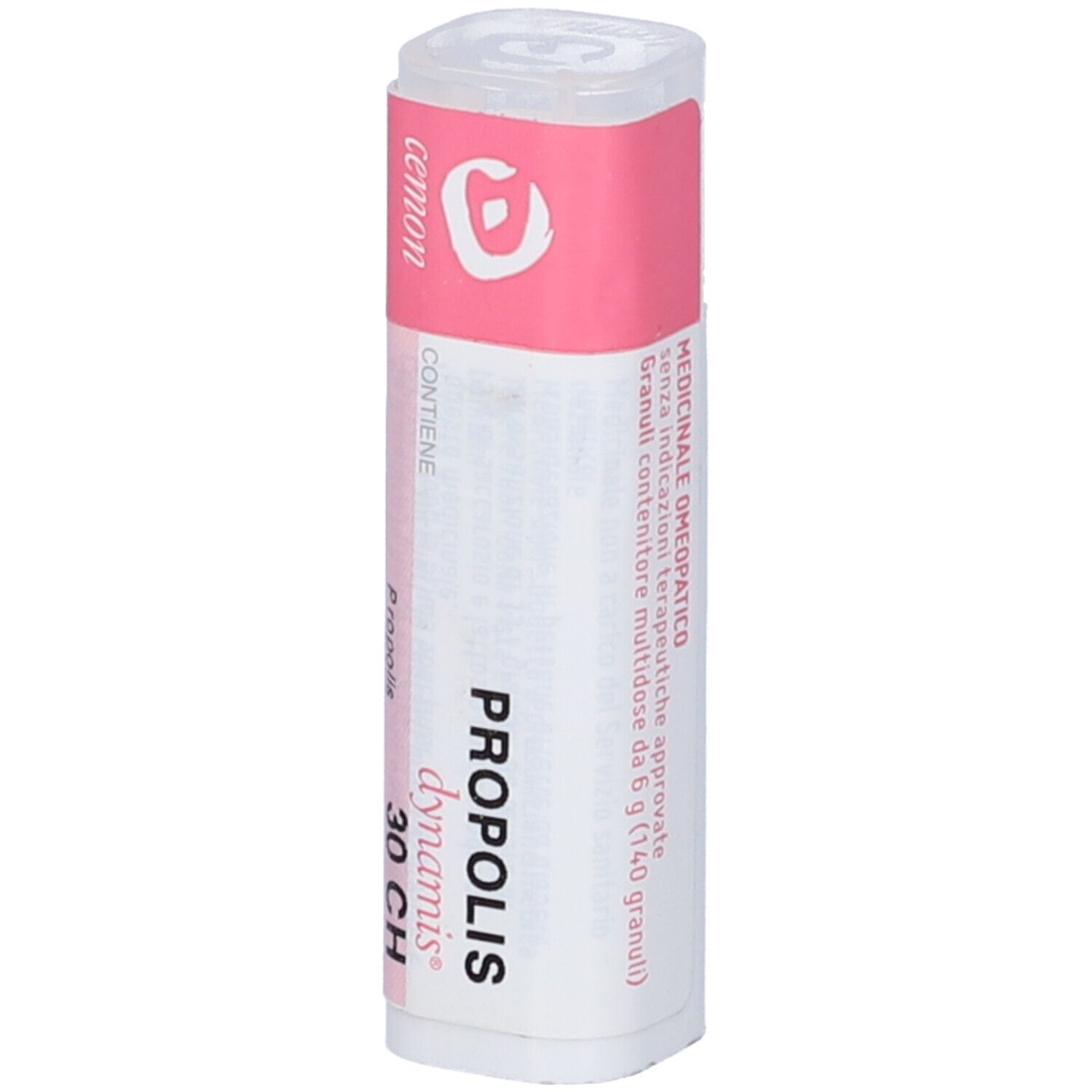 Confezione cilindrica. Fascia rosa con nome prodotto PROPOLIS 30 CH. Marchio: dynamis. Testo.