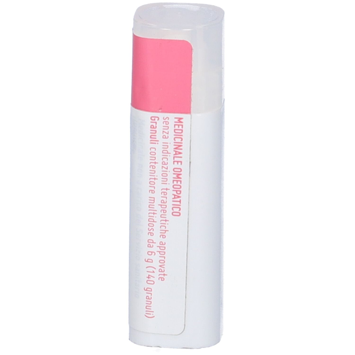Confezione cilindrica. Fascia rosa. Testo: MEDICINALE OMEOPATICO. Granuli.