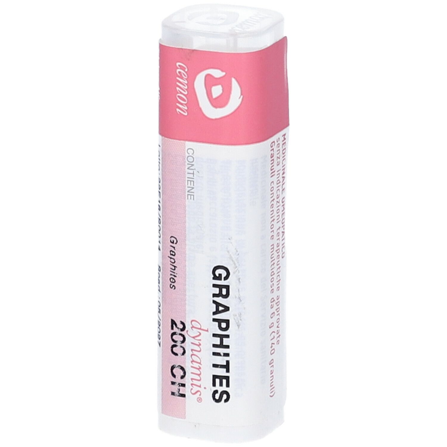 Confezione cilindrica con fascia rosa. Scritte: GRAPHITES 200 CH, dynamis. Nome e dosaggio del prodotto.
