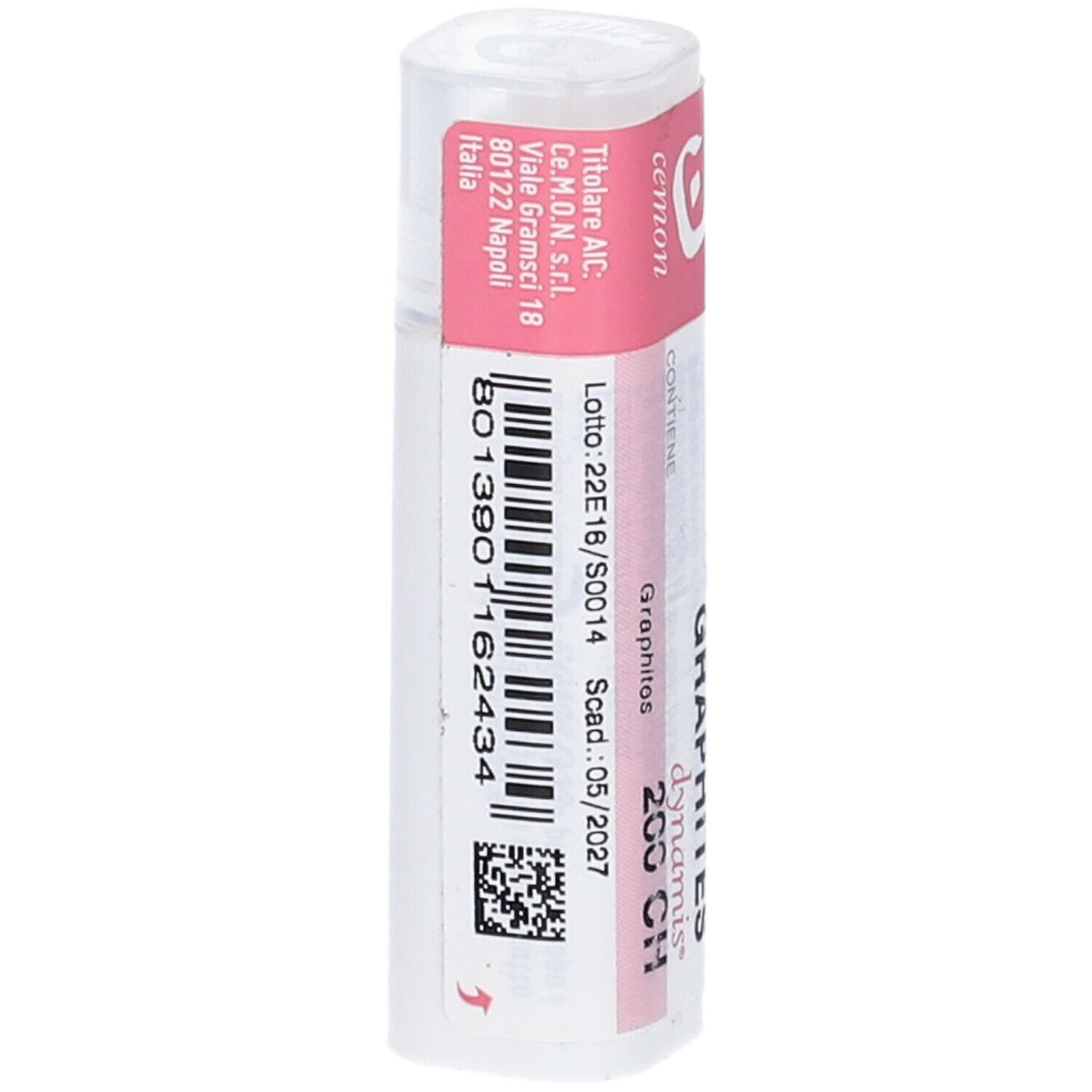 Confezione cilindrica con fascia rosa. Scritte: GRAPHITES 200 CH, dynamis. Dettagli e numero di lotto.