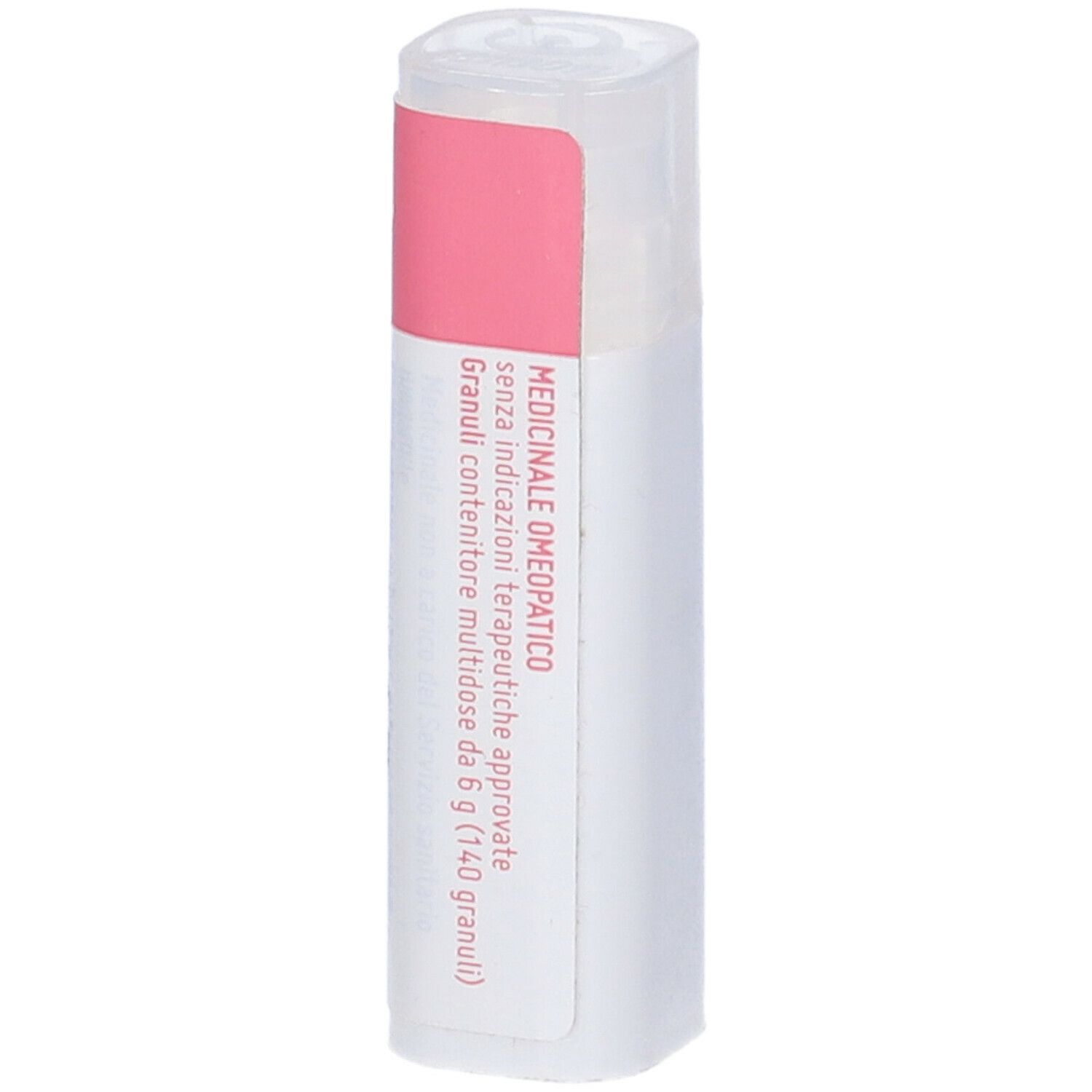 Confezione cilindrica bianca con fascia rosa. Scritta: Medicinale Omeopatico. Dettagli.