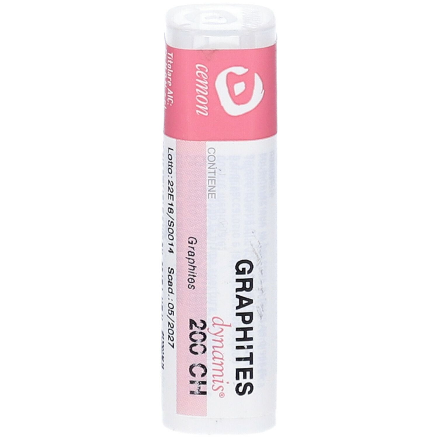 Confezione cilindrica con fascia rosa. Scritte: GRAPHITES 200 CH, dynamis. Dettagli e data di scadenza.