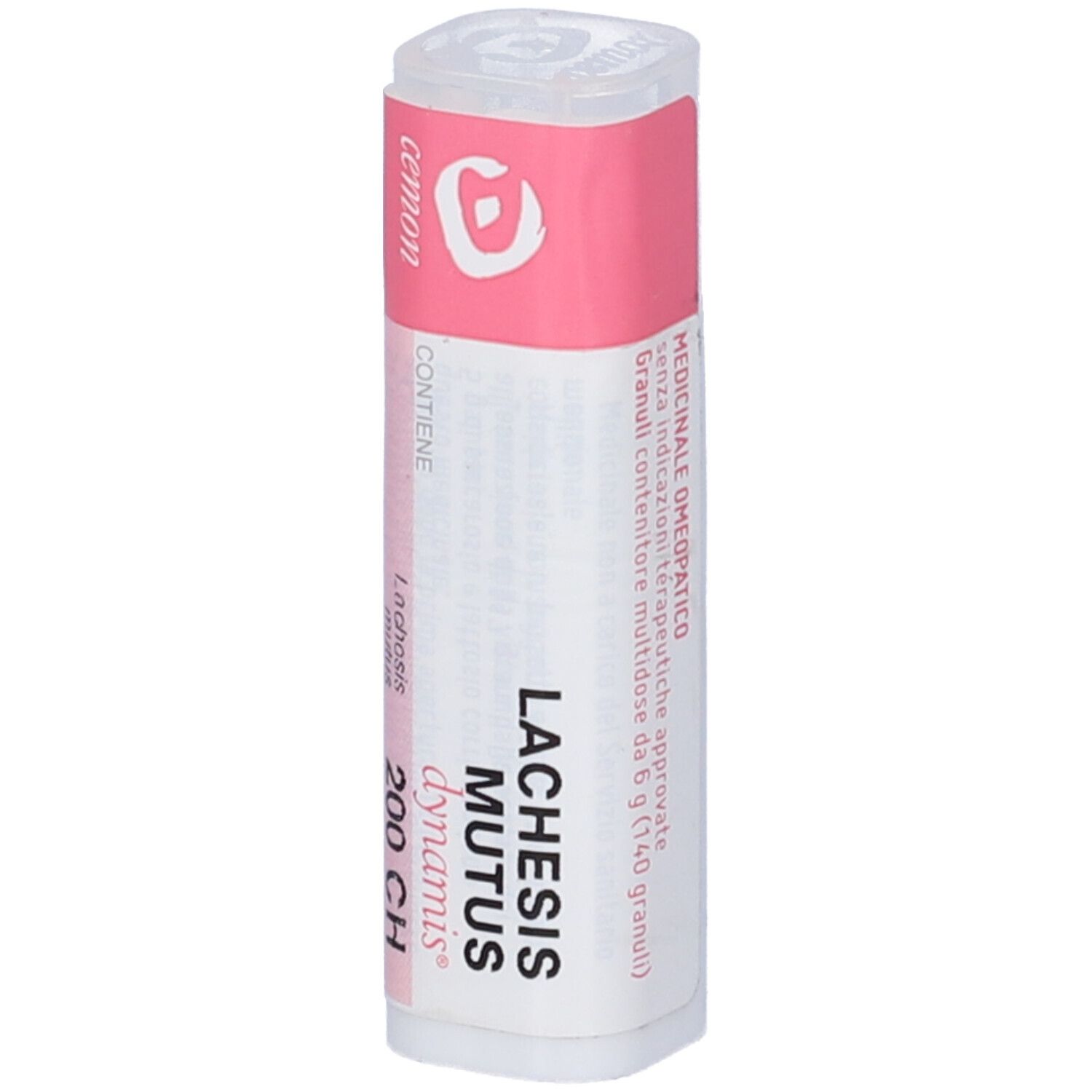 Confezione cilindrica con etichetta rosa e bianca. Scritta: Lachesis Mutus 200 CH, dynamis.