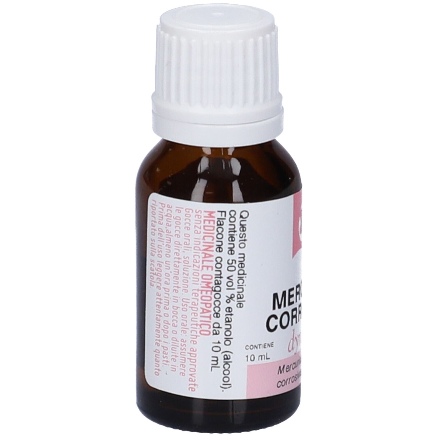 Flacone di vetro marrone con tappo bianco. Etichetta con informazioni sul prodotto. Accenti rosa.