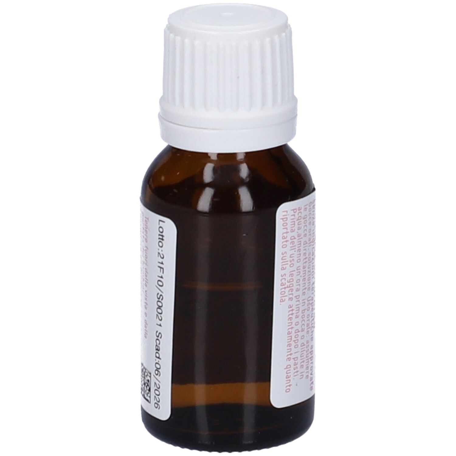 Flacone di vetro marrone con tappo bianco. Retro con informazioni. Data di scadenza.