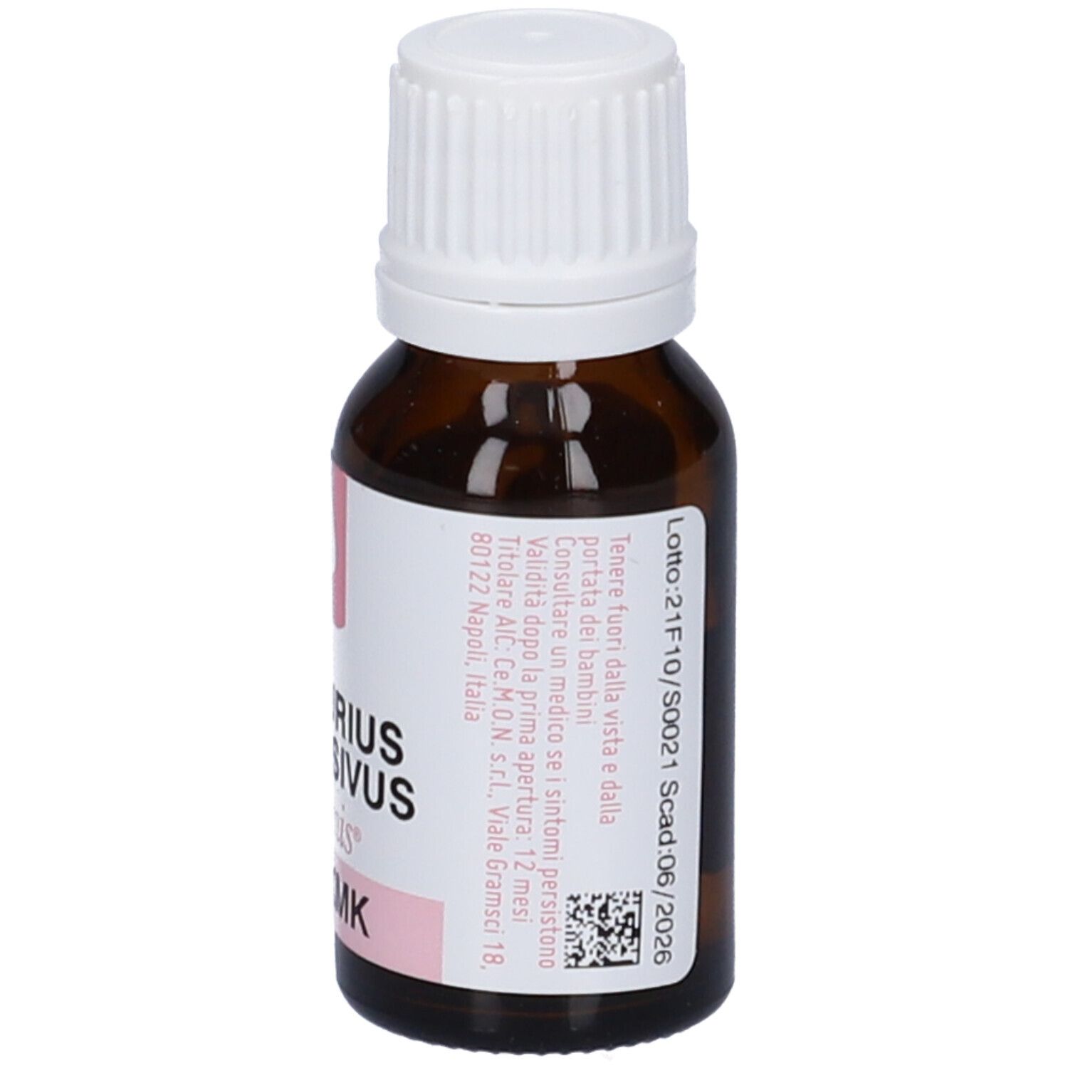 Flacone di vetro marrone con tappo bianco. Etichetta con informazioni. Data di scadenza.