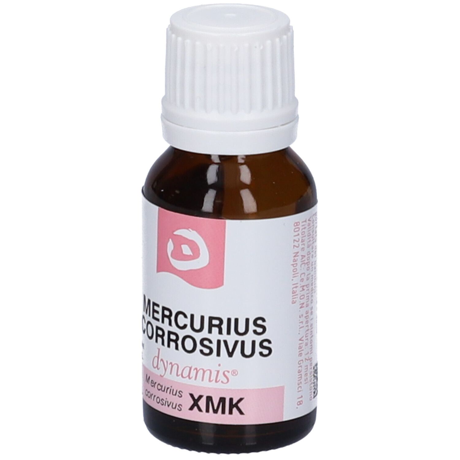 Flacone di vetro marrone con tappo bianco. Etichetta con nome del prodotto e logo. Accenti rosa.