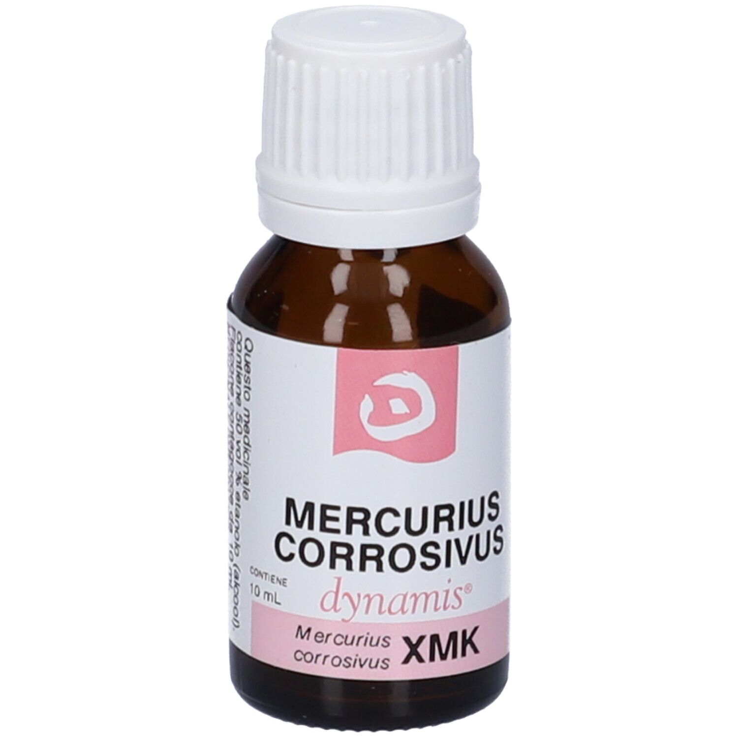 Flacone di vetro marrone con tappo bianco. Etichetta con informazioni sul prodotto. Accenti rosa.