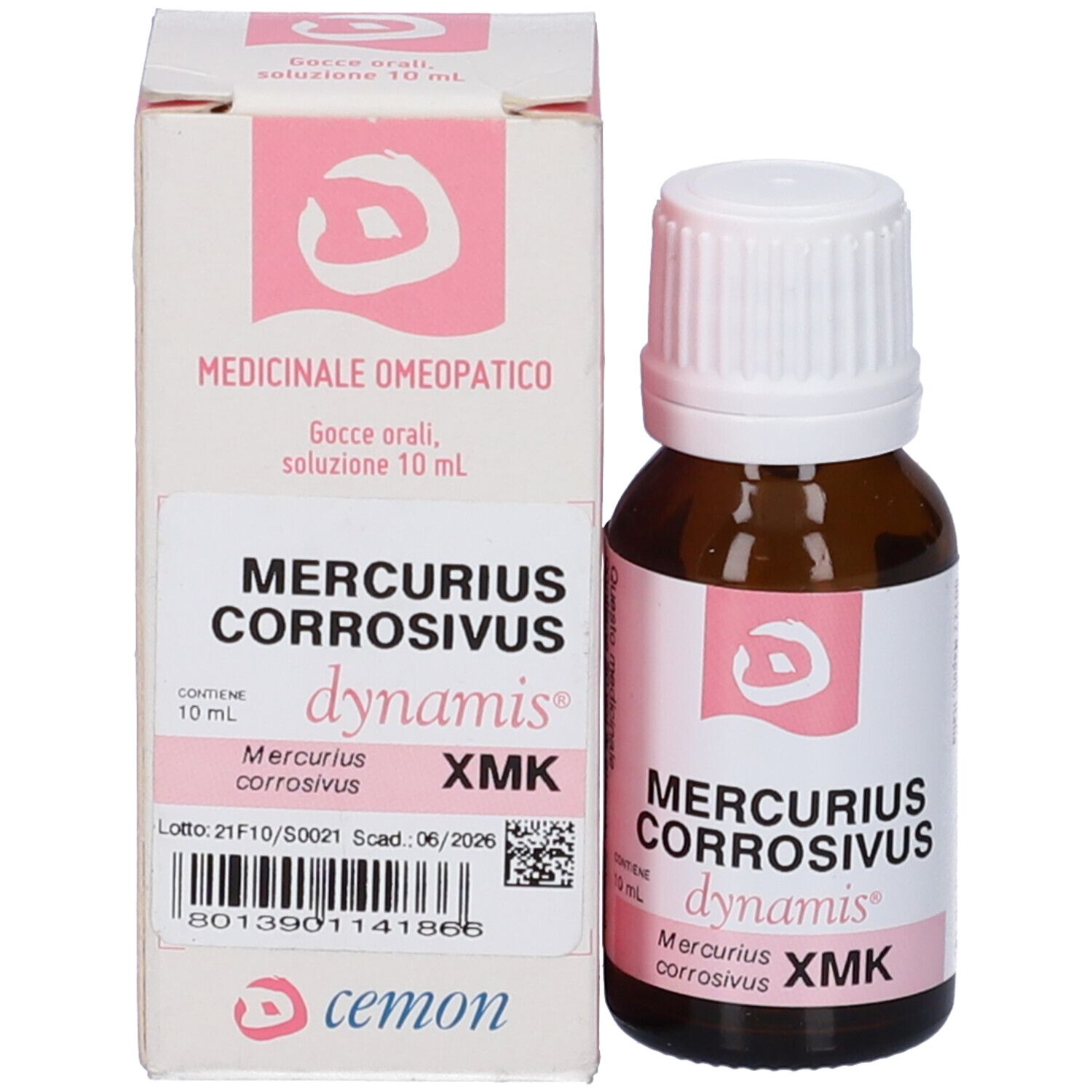 Flacone e scatola del prodotto. Flacone marrone, tappo bianco. Scatola rosa e bianca.