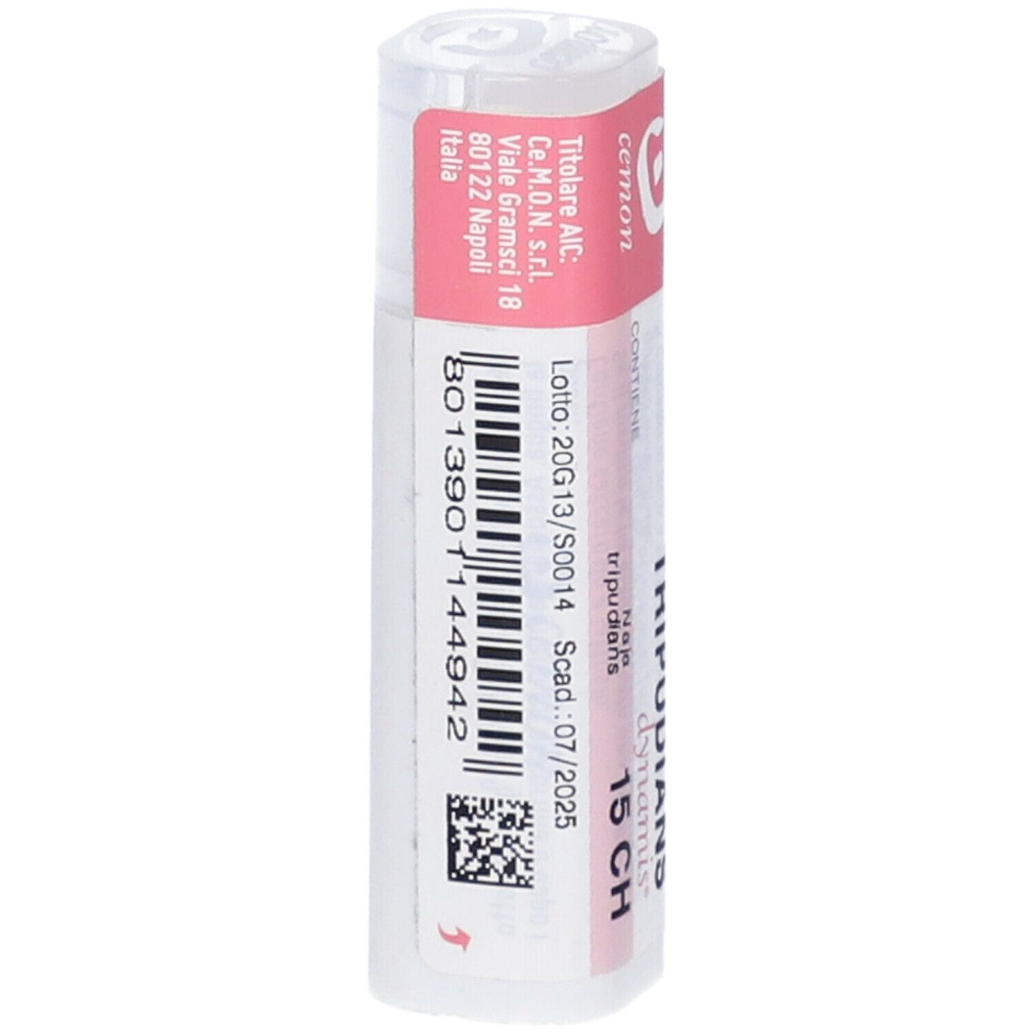 Confezione cilindrica con fascia rosa. Scritta: Naja Tripudians 15 CH, cemon, dynamis. Codice a barre e QR code.