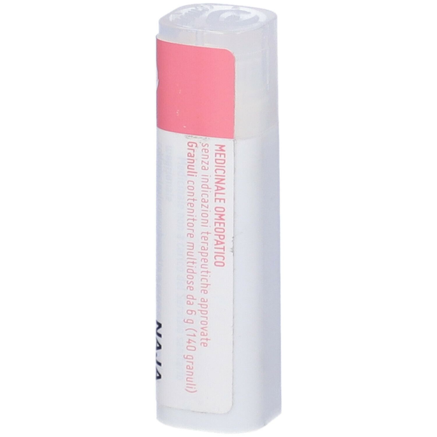 Confezione cilindrica bianca con fascia rosa. Scritta: Medicinale Omeopatico. Tappo bianco.