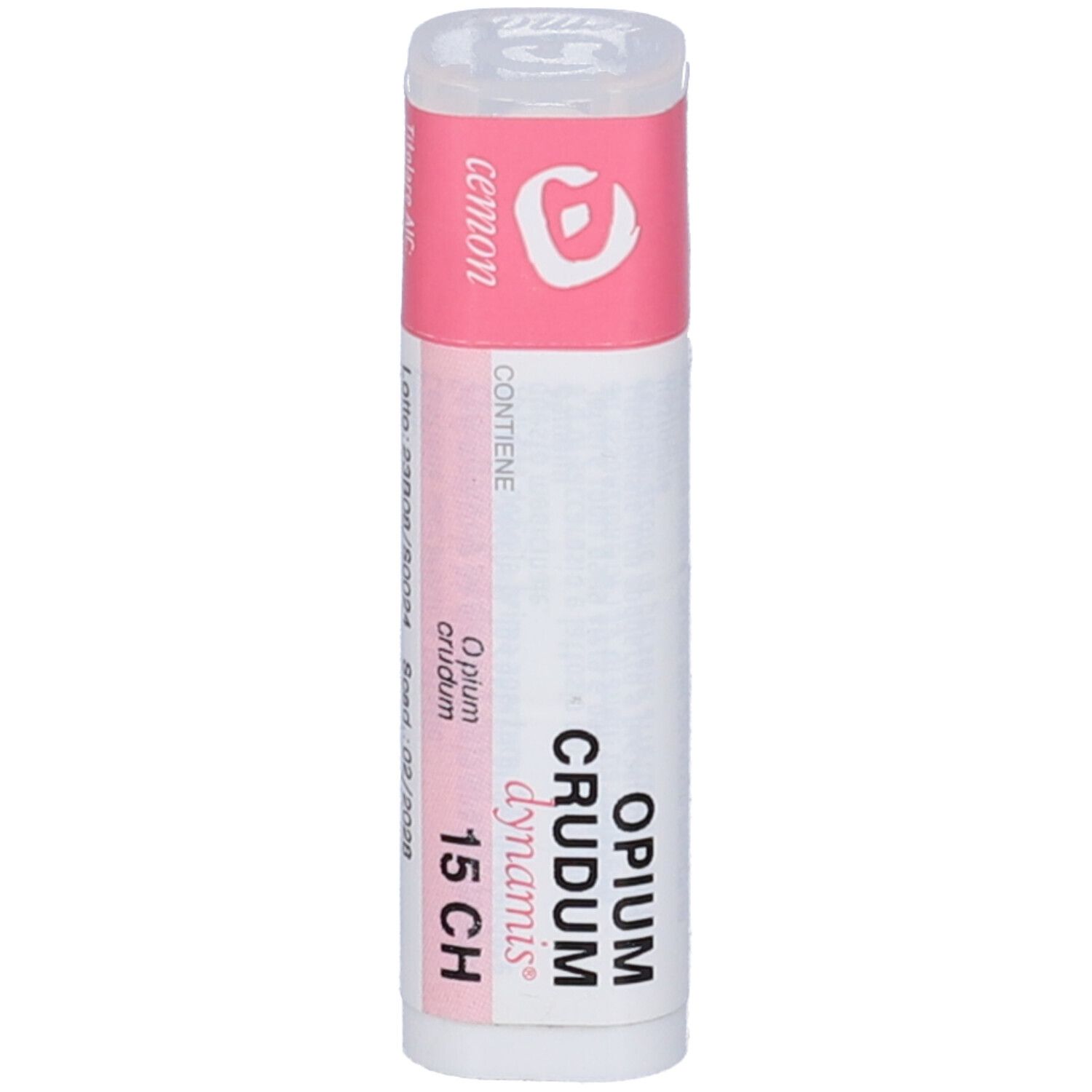 Confezione cilindrica con etichetta rosa. L'etichetta indica 'Opium Crudum 15 CH'.