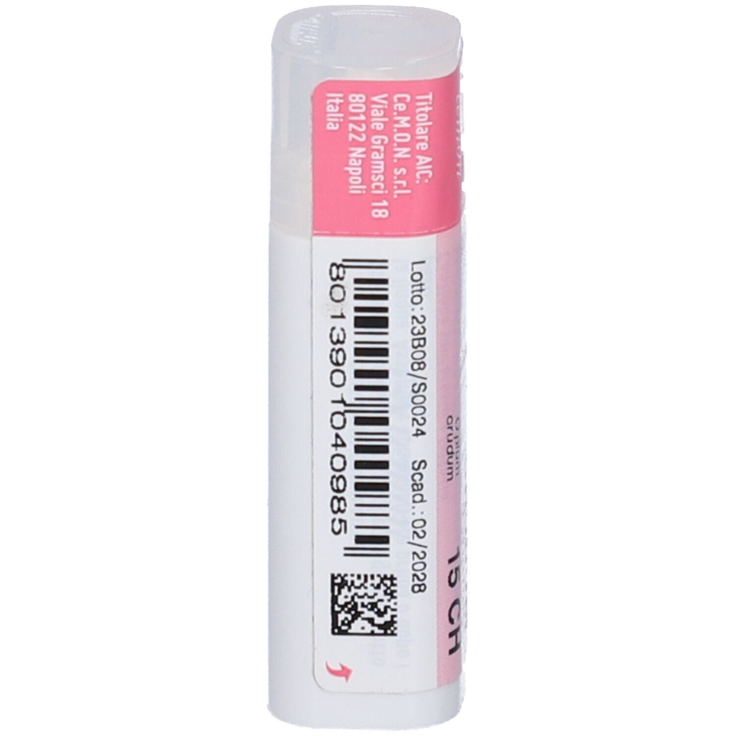 Confezione cilindrica con etichetta rosa. L'etichetta contiene informazioni e un codice a barre.