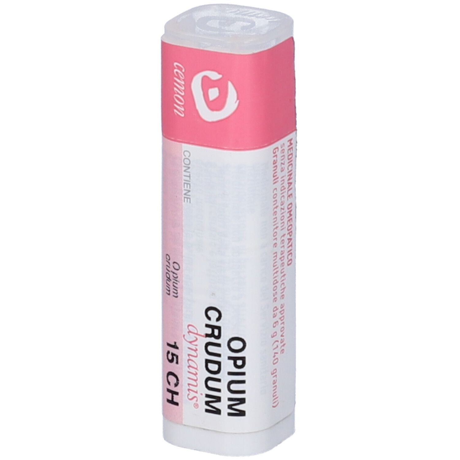 Confezione cilindrica con etichetta rosa. L'etichetta indica 'Opium Crudum 15 CH'.