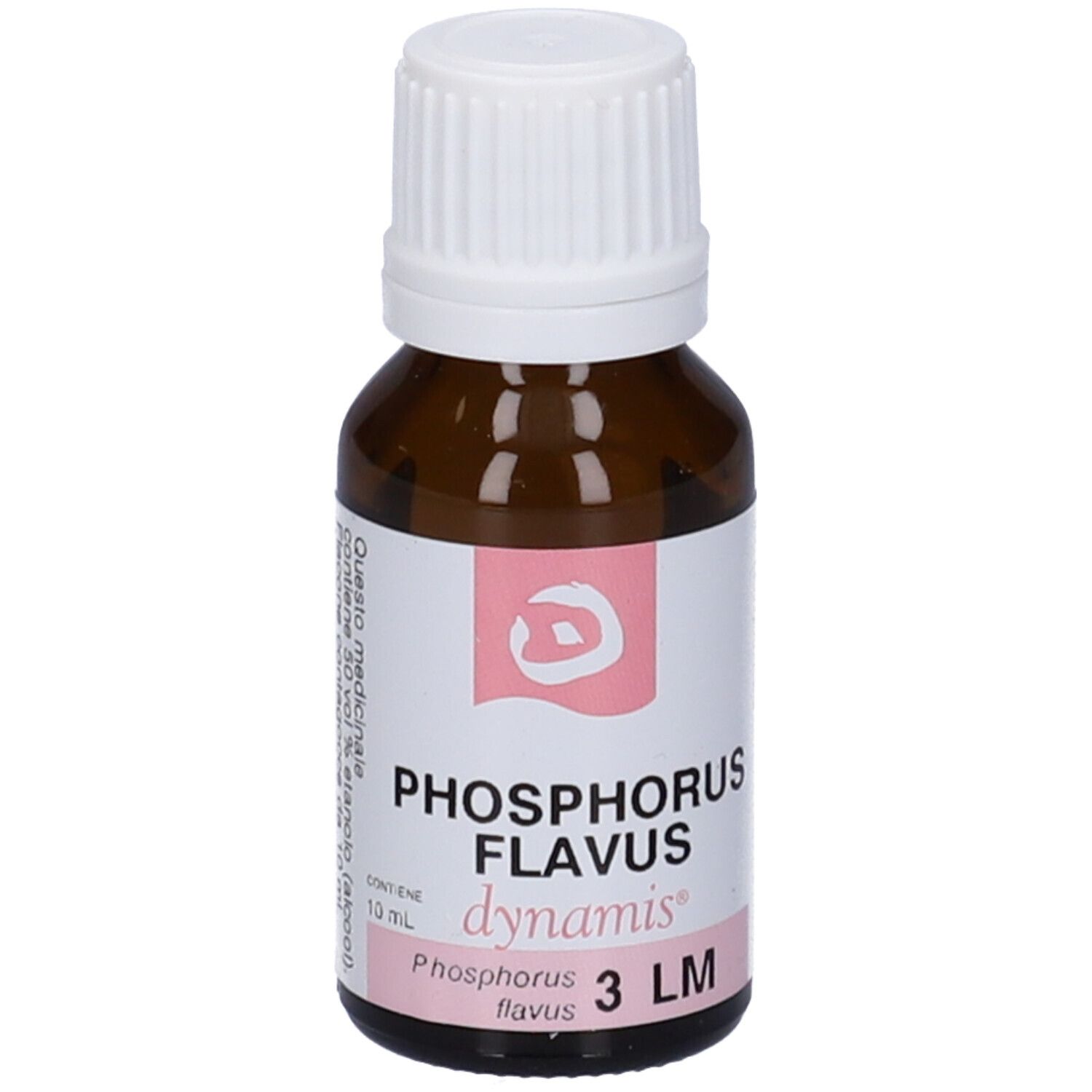 Flacone di vetro marrone con tappo bianco. Etichetta con nome prodotto: Phosphorus Flavus 3 LM. Marchio: dynamis.