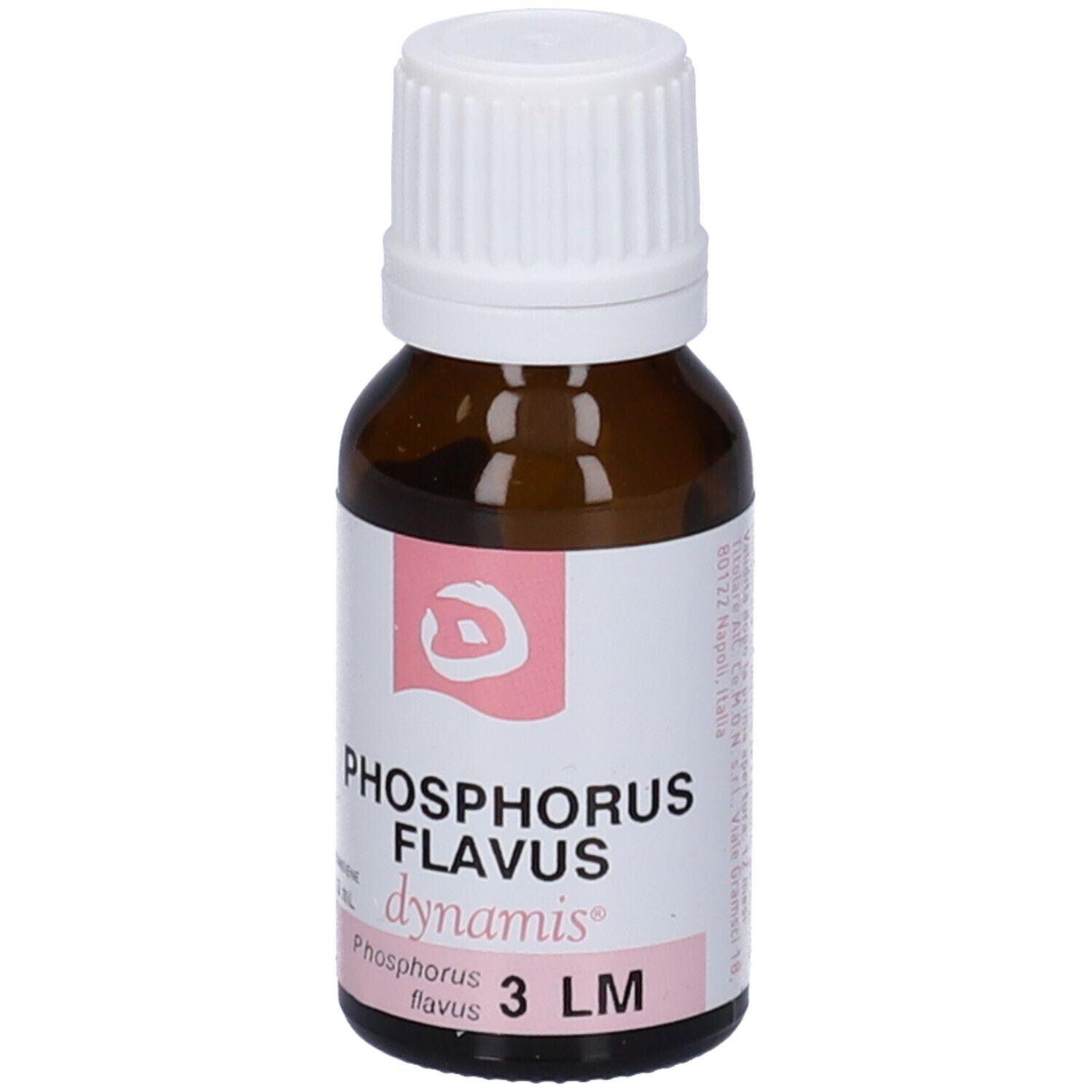 Flacone di vetro marrone con tappo bianco. Etichetta con nome prodotto: Phosphorus Flavus 3 LM. Marchio: dynamis.