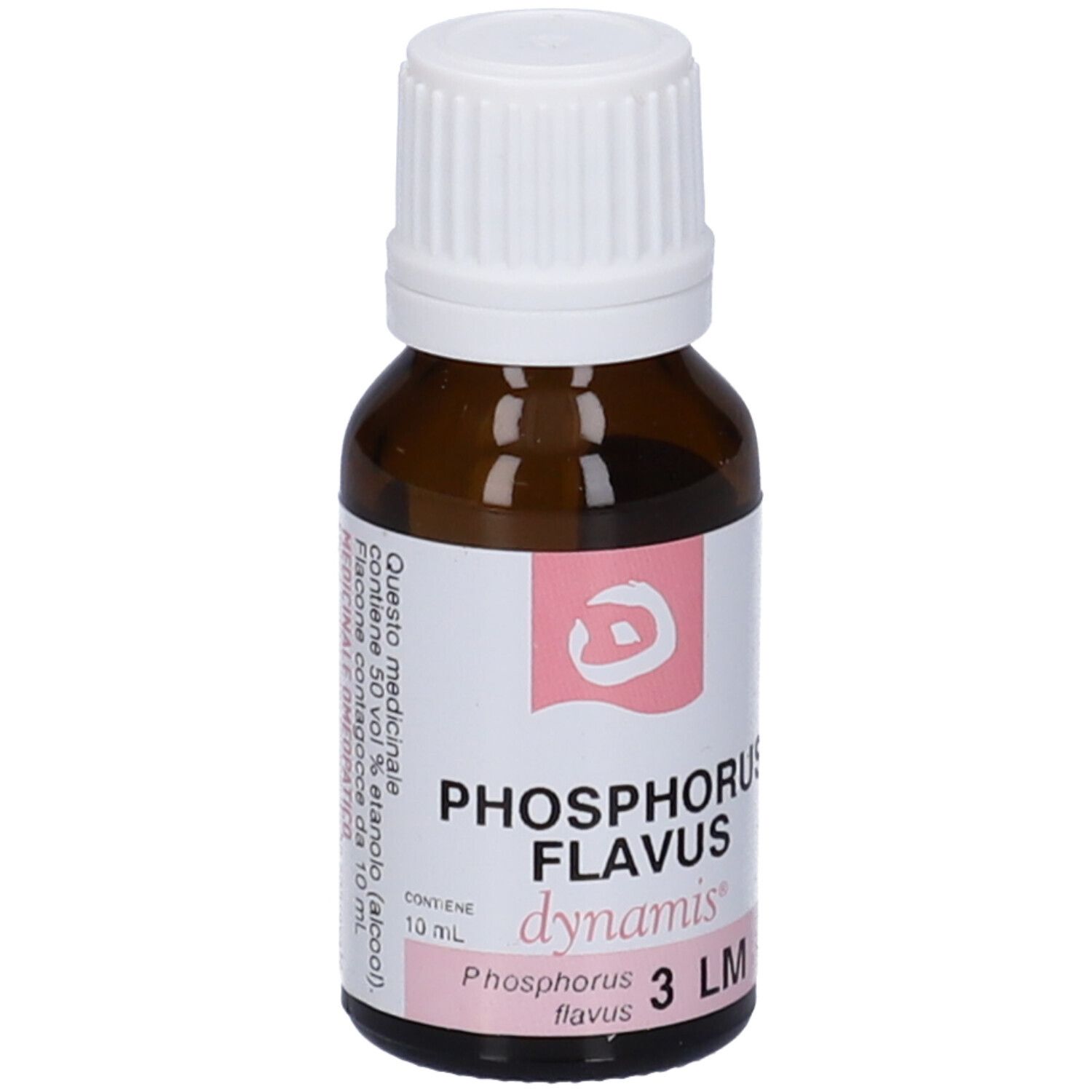 Flacone di vetro marrone con tappo bianco. Etichetta con informazioni prodotto e testo: 10 ml.