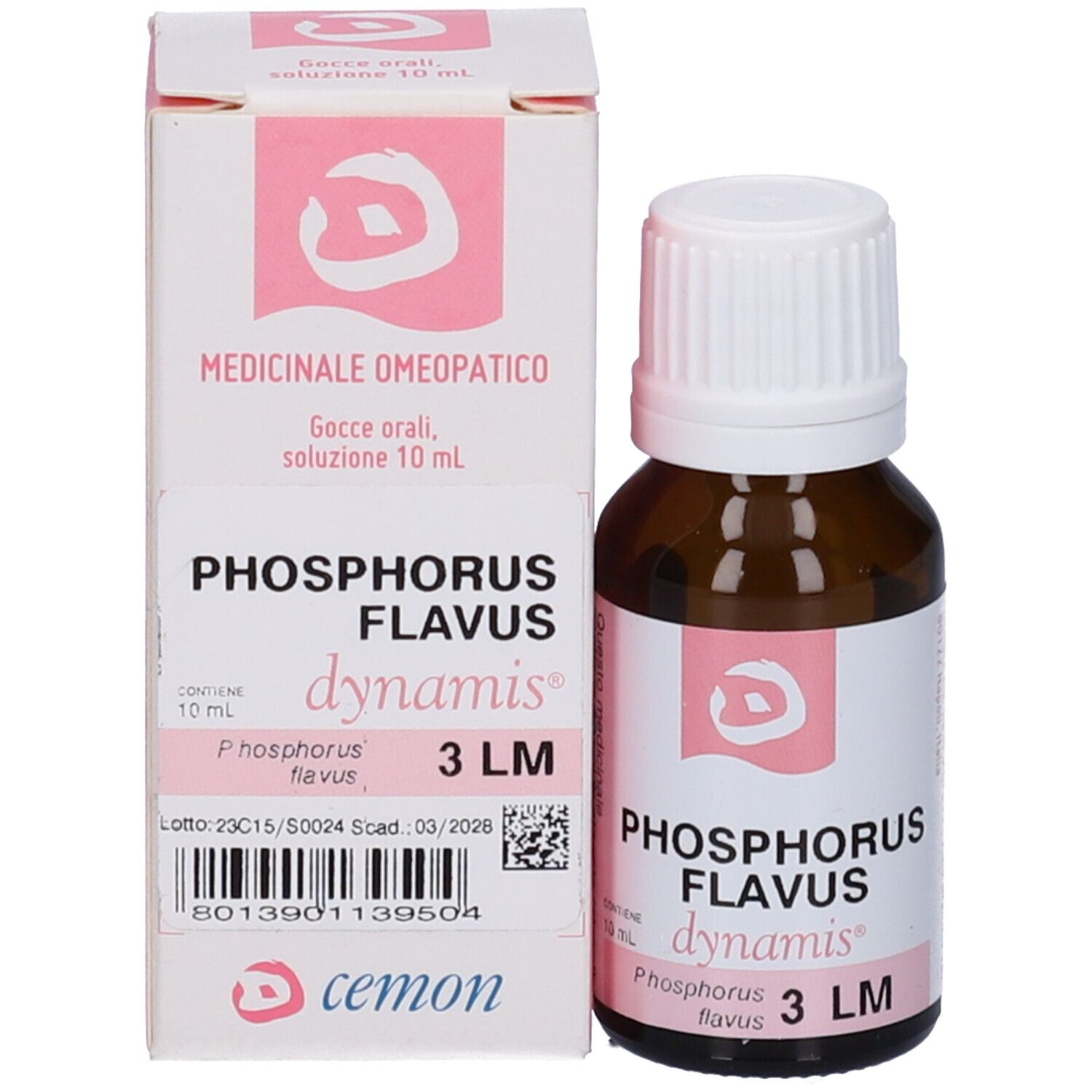 Flacone e confezione del prodotto. Confezione con nome prodotto: Phosphorus Flavus 3 LM. Marchio: dynamis.
