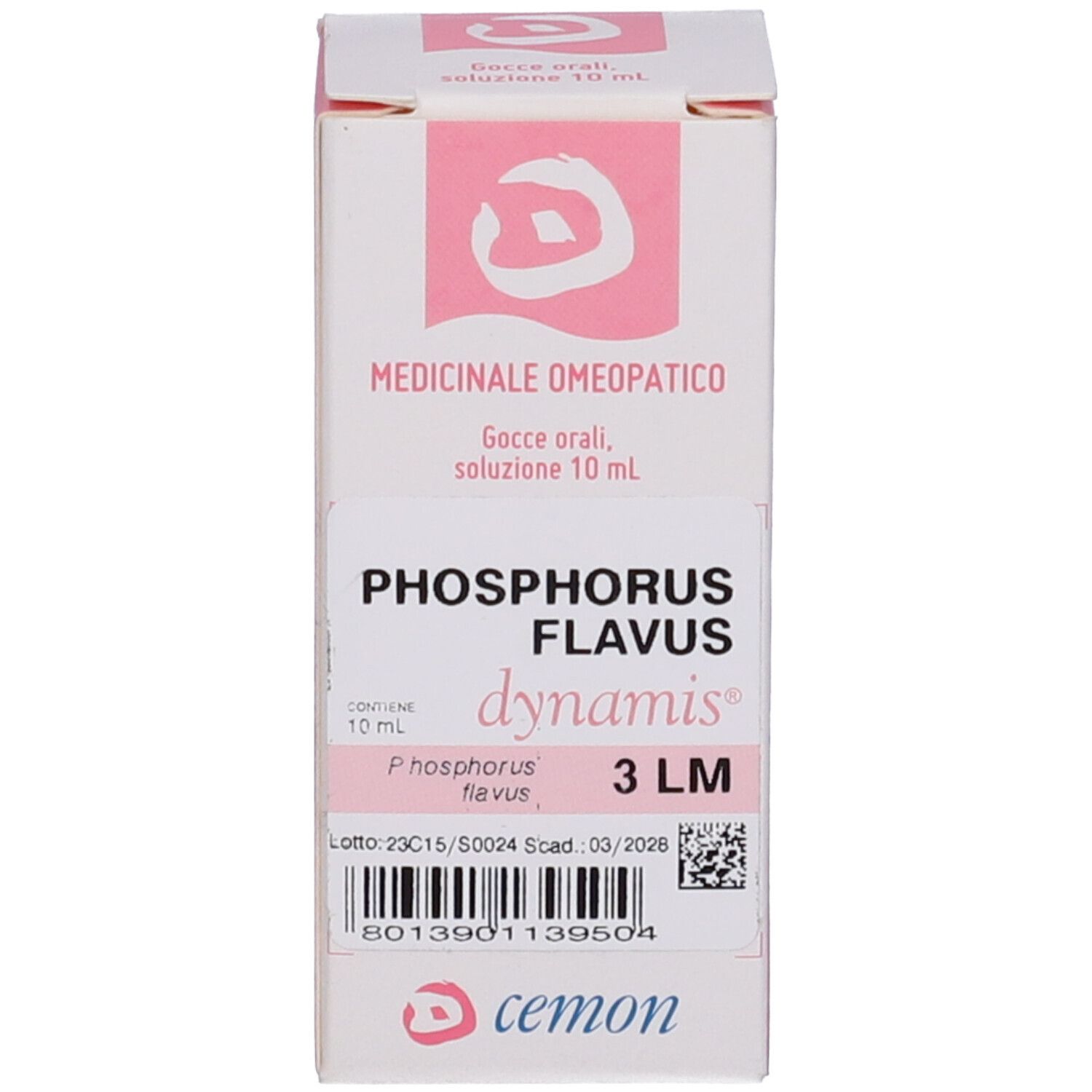 Confezione del prodotto. Confezione con nome prodotto: Phosphorus Flavus 3 LM. Marchio: dynamis.