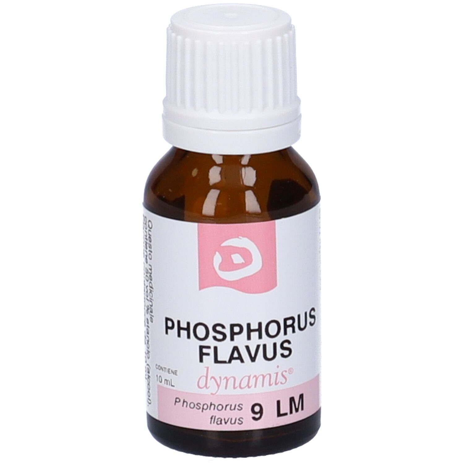 Flacone contagocce marrone con tappo bianco. Etichetta rosa: Phosphorus Flavus 9 LM, dynamis.