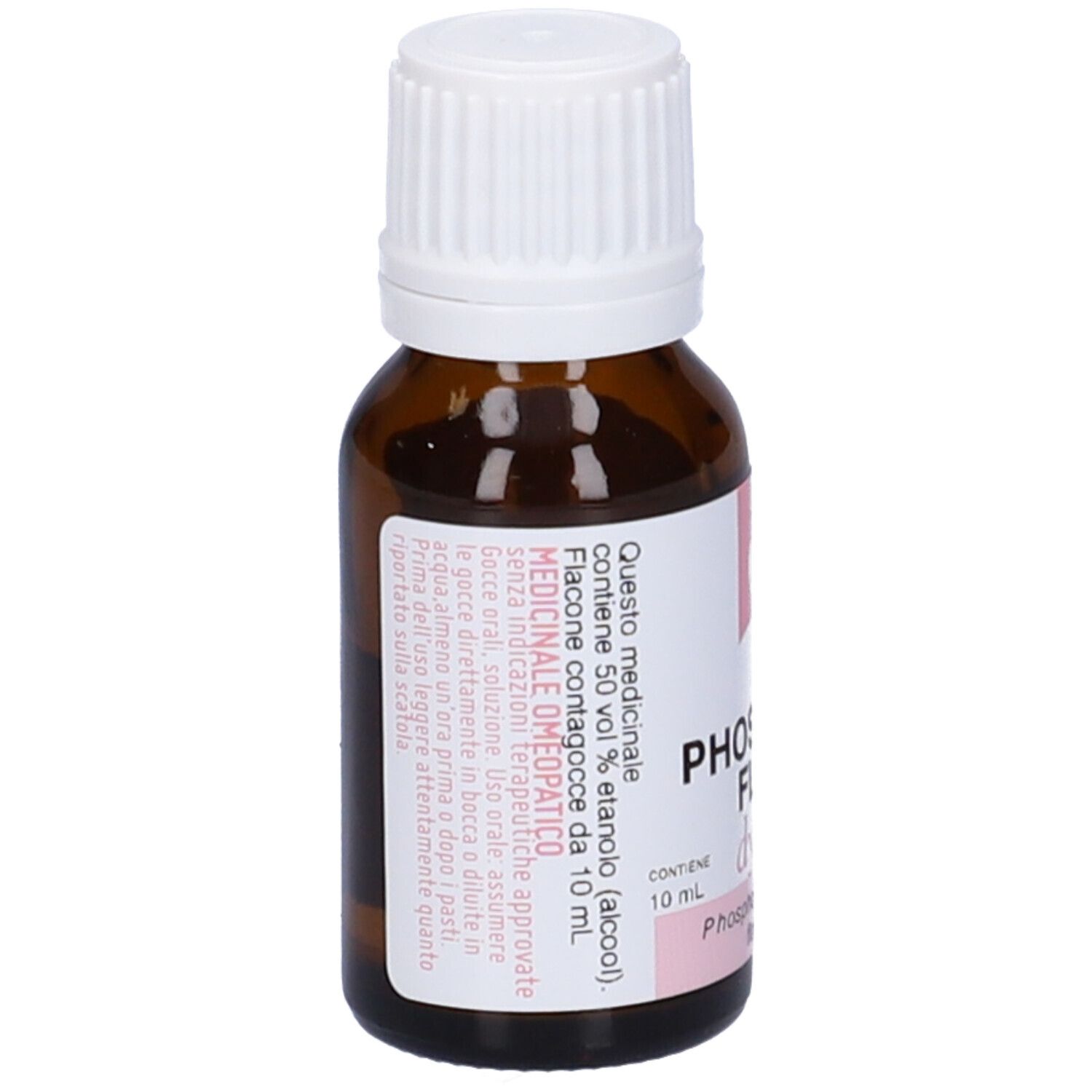 Flacone contagocce marrone, tappo bianco. Etichetta rosa con testo e 10 ml.