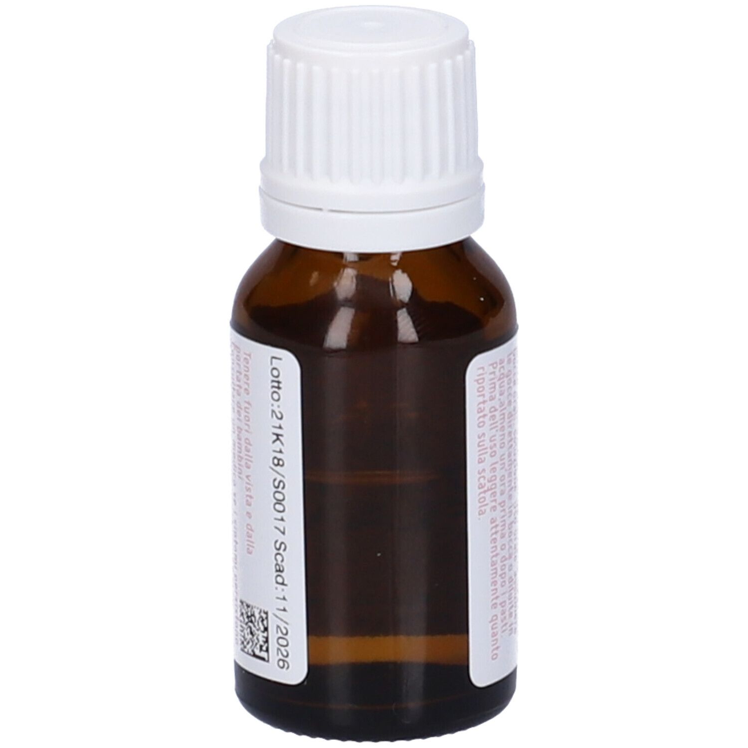 Flacone contagocce marrone, tappo bianco. Etichetta rosa con testo e scadenza.
