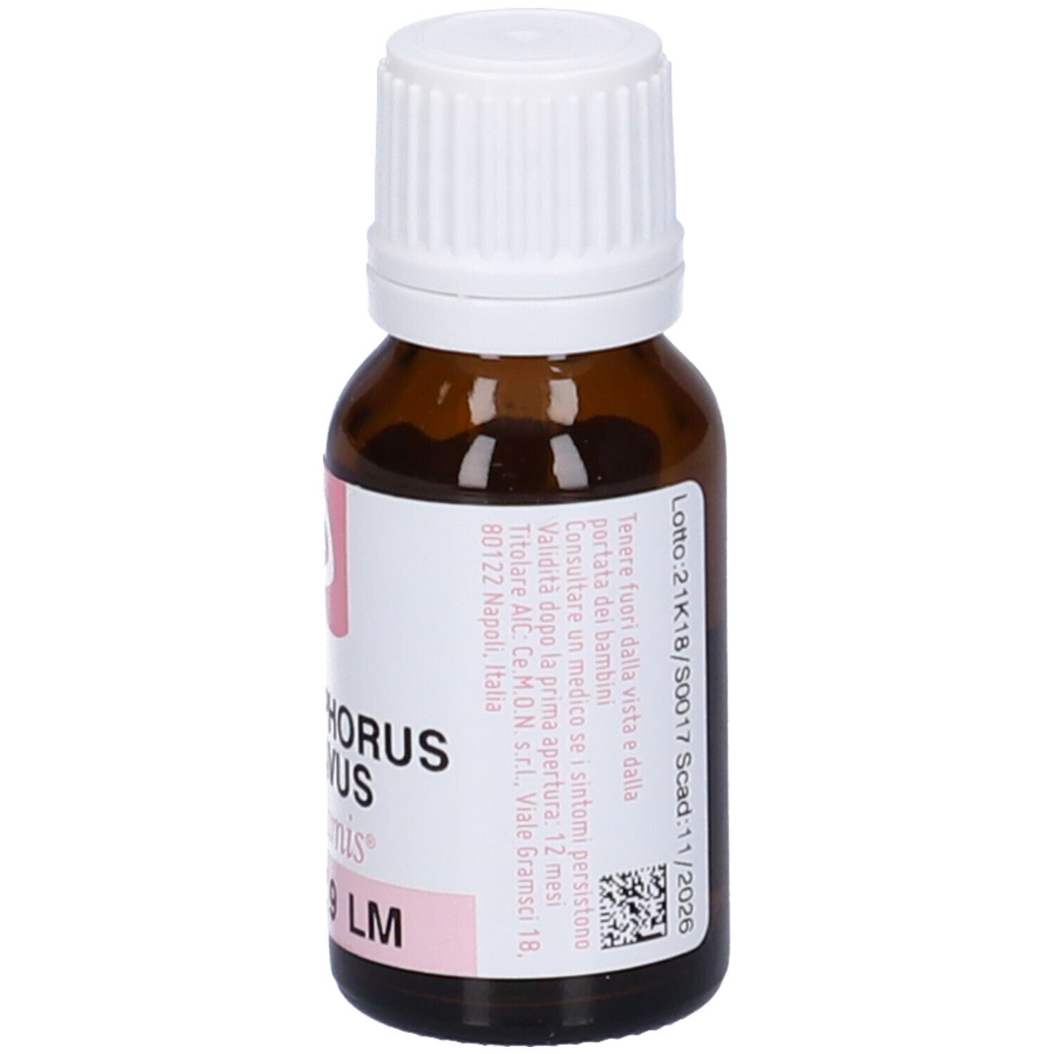 Flacone contagocce marrone, tappo bianco. Etichetta rosa con testo e scadenza.
