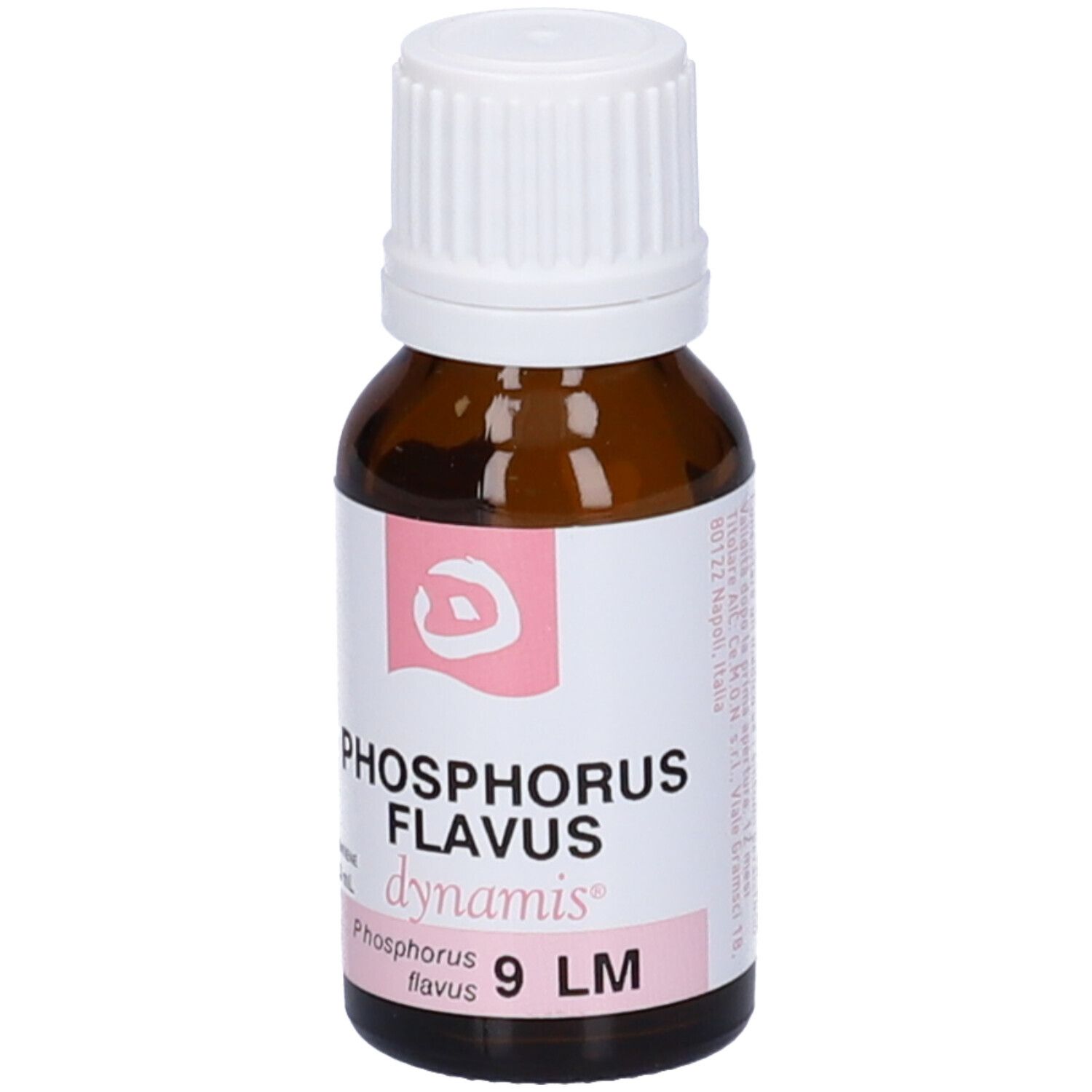 Flacone contagocce marrone, tappo bianco. Etichetta rosa con testo: Phosphorus Flavus 9 LM.
