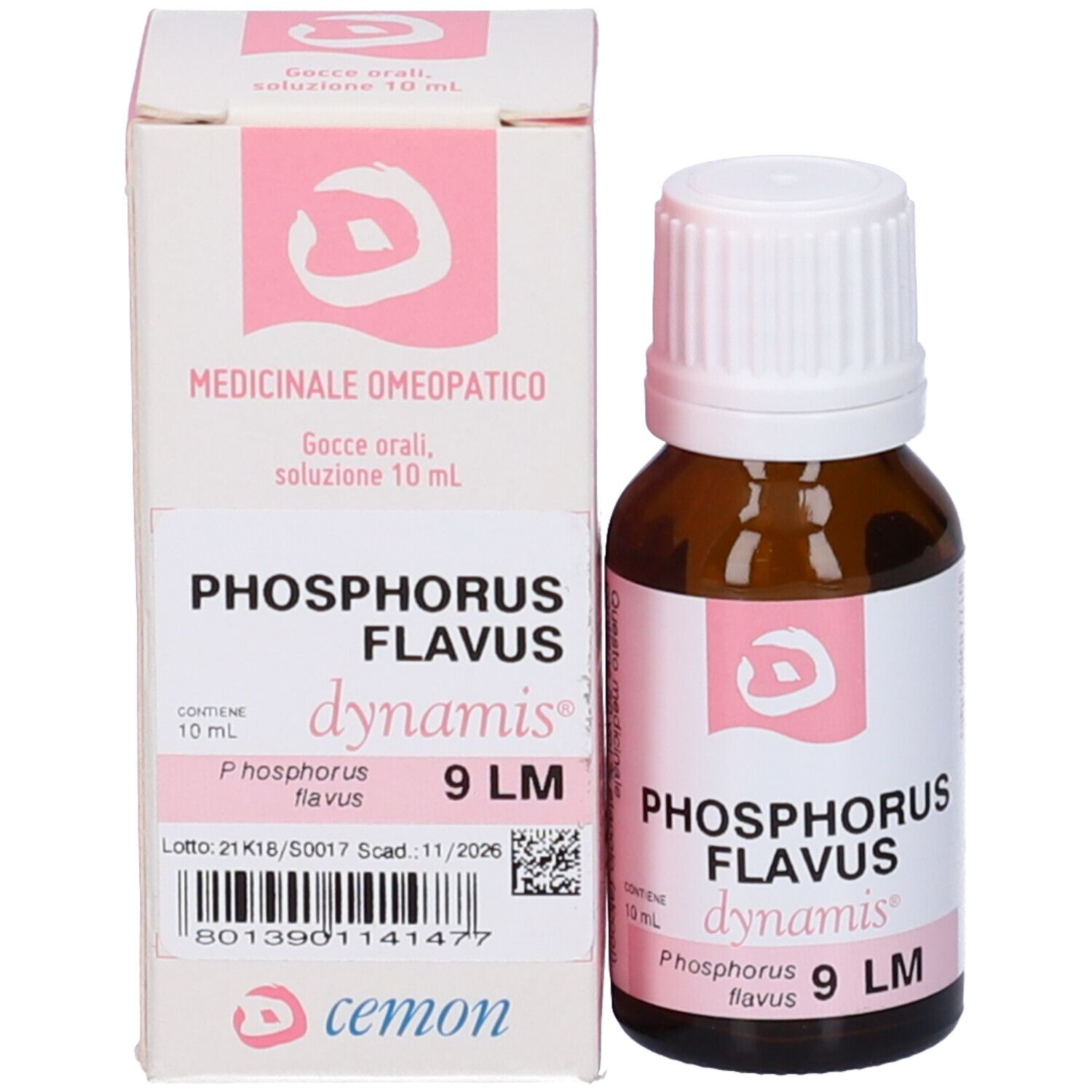 Flacone contagocce marrone e scatola. Scritte: Phosphorus Flavus 9 LM, dynamis, 10 ml.