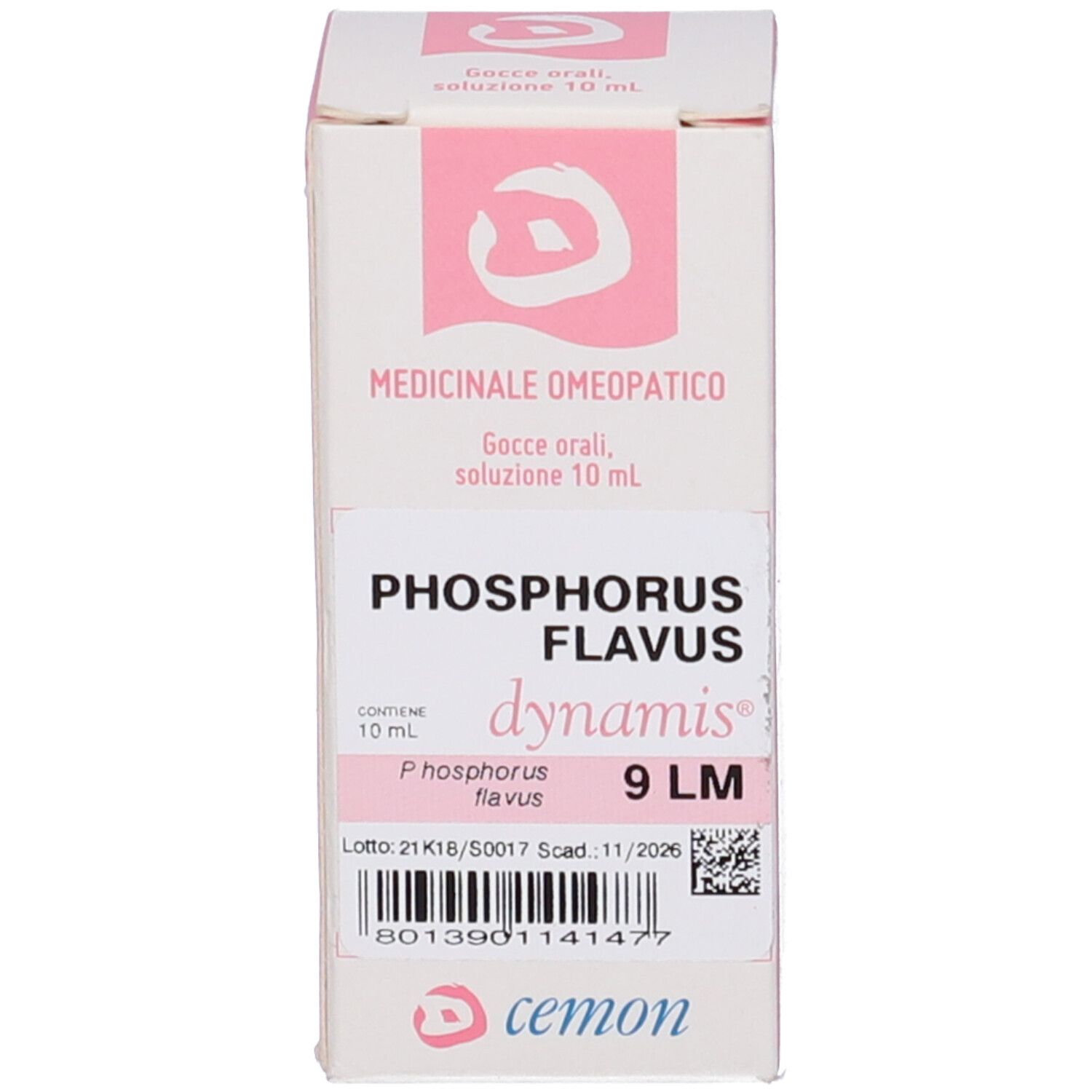 Scatola bianca con etichetta rosa. Scritte: Phosphorus Flavus 9 LM, 10 ml.