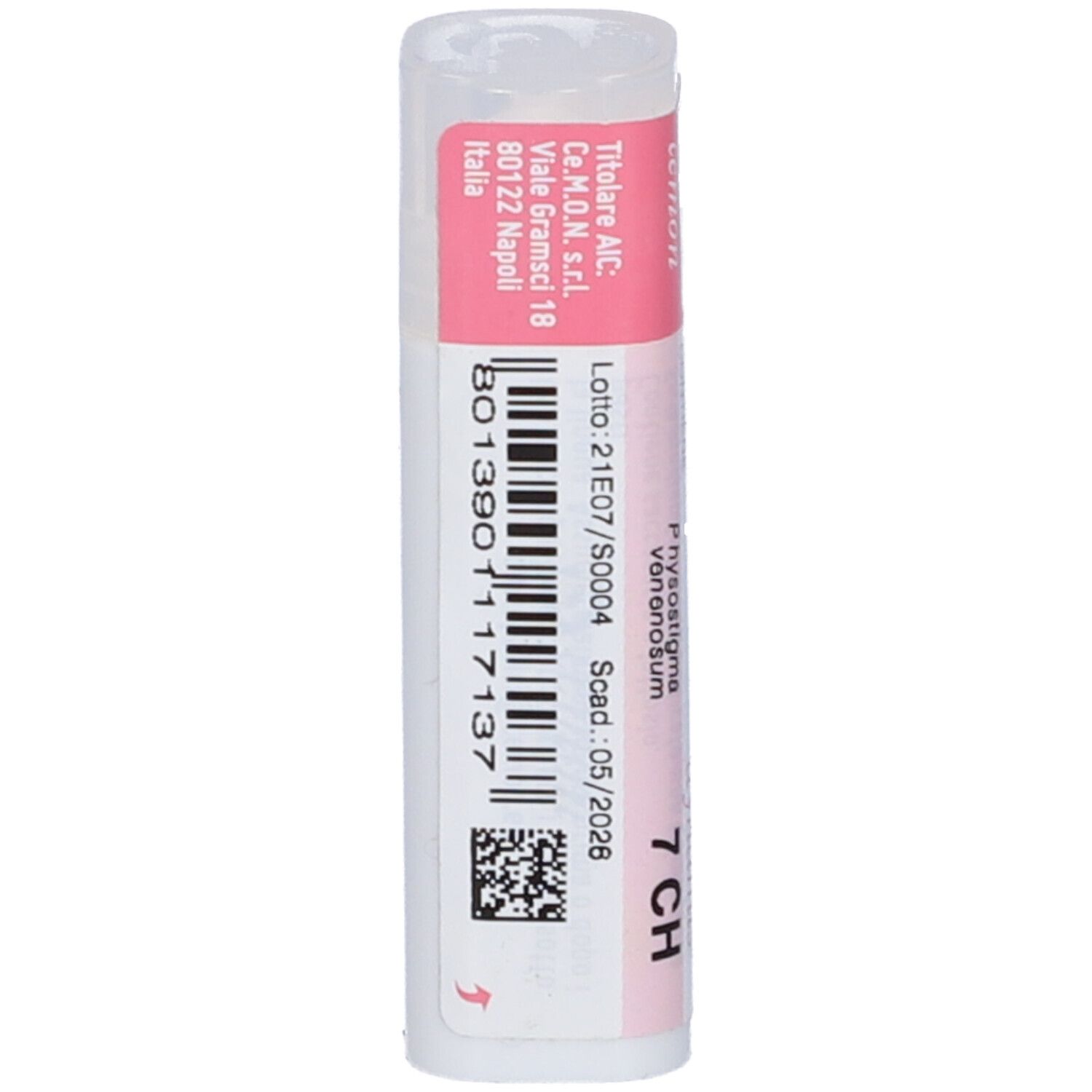 Confezione cilindrica con fascia rosa. Scritte: Physostigma Venenosum 7 CH, cemon, dynamis. Contiene globuli.