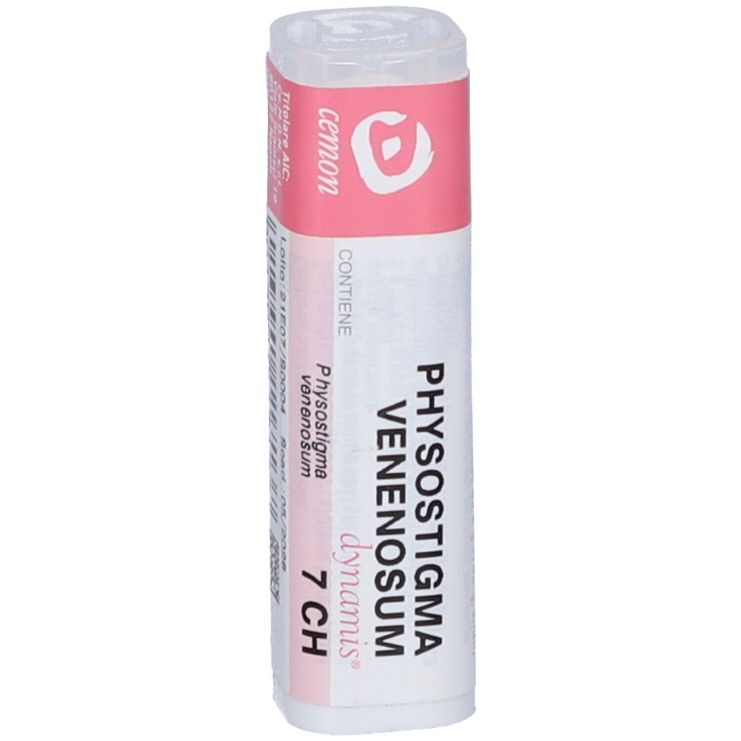 Confezione cilindrica con fascia rosa. Scritte: Physostigma Venenosum 7 CH, cemon, dynamis. Contiene globuli.