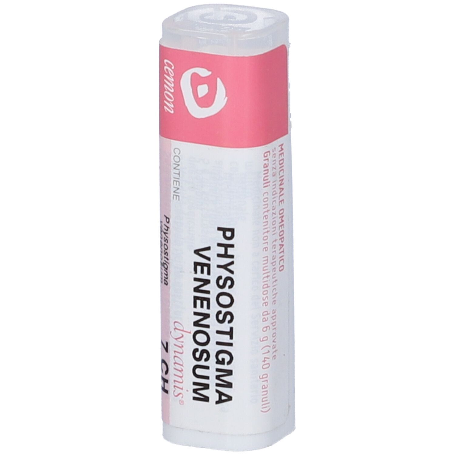 Confezione cilindrica con fascia rosa. Scritte: Physostigma Venenosum 7 CH, cemon, dynamis. Contiene globuli.