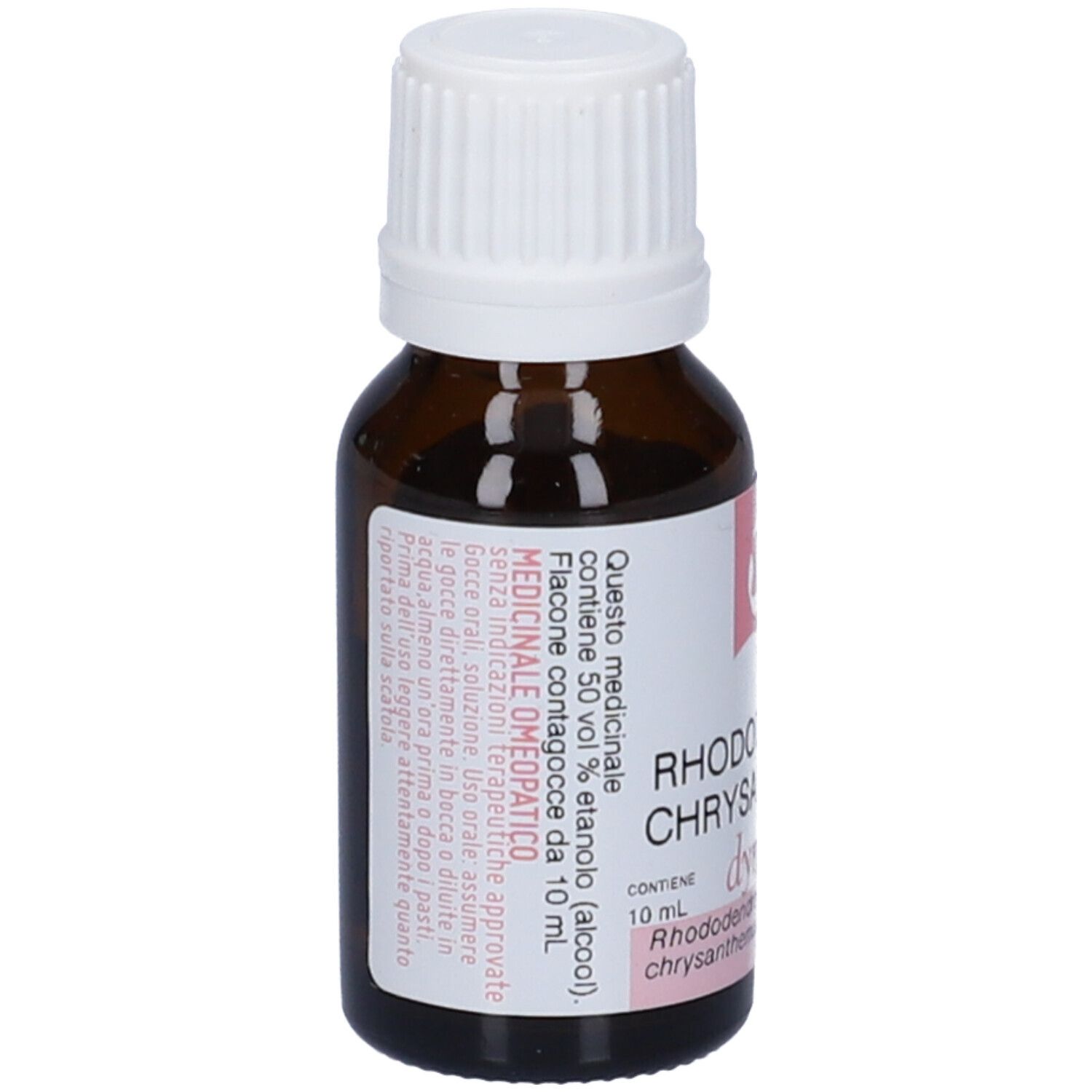 Flacone di vetro marrone con tappo bianco. Etichetta con testo e accenti rosa. Contiene 10 ml. Contiene 50% etanolo.