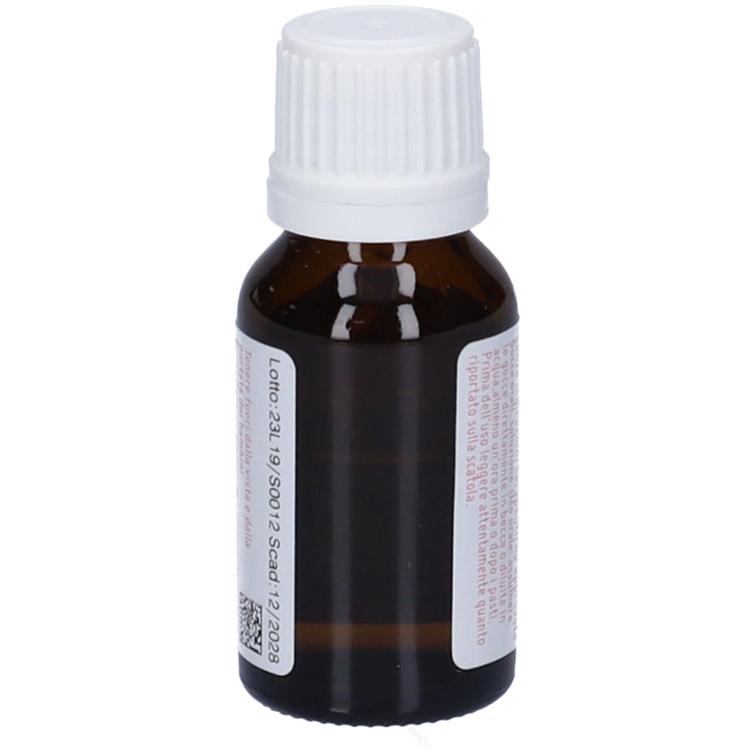 Flacone di vetro marrone con tappo bianco. Etichetta con testo e accenti rosa. Numero di lotto e scadenza: 12/2028.