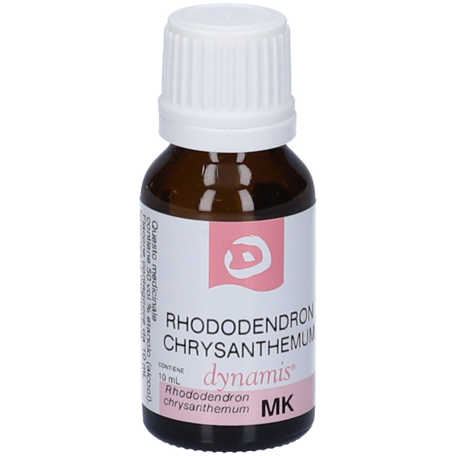 Flacone di vetro marrone con tappo bianco. Etichetta con testo e accenti rosa. Contiene 10 ml.