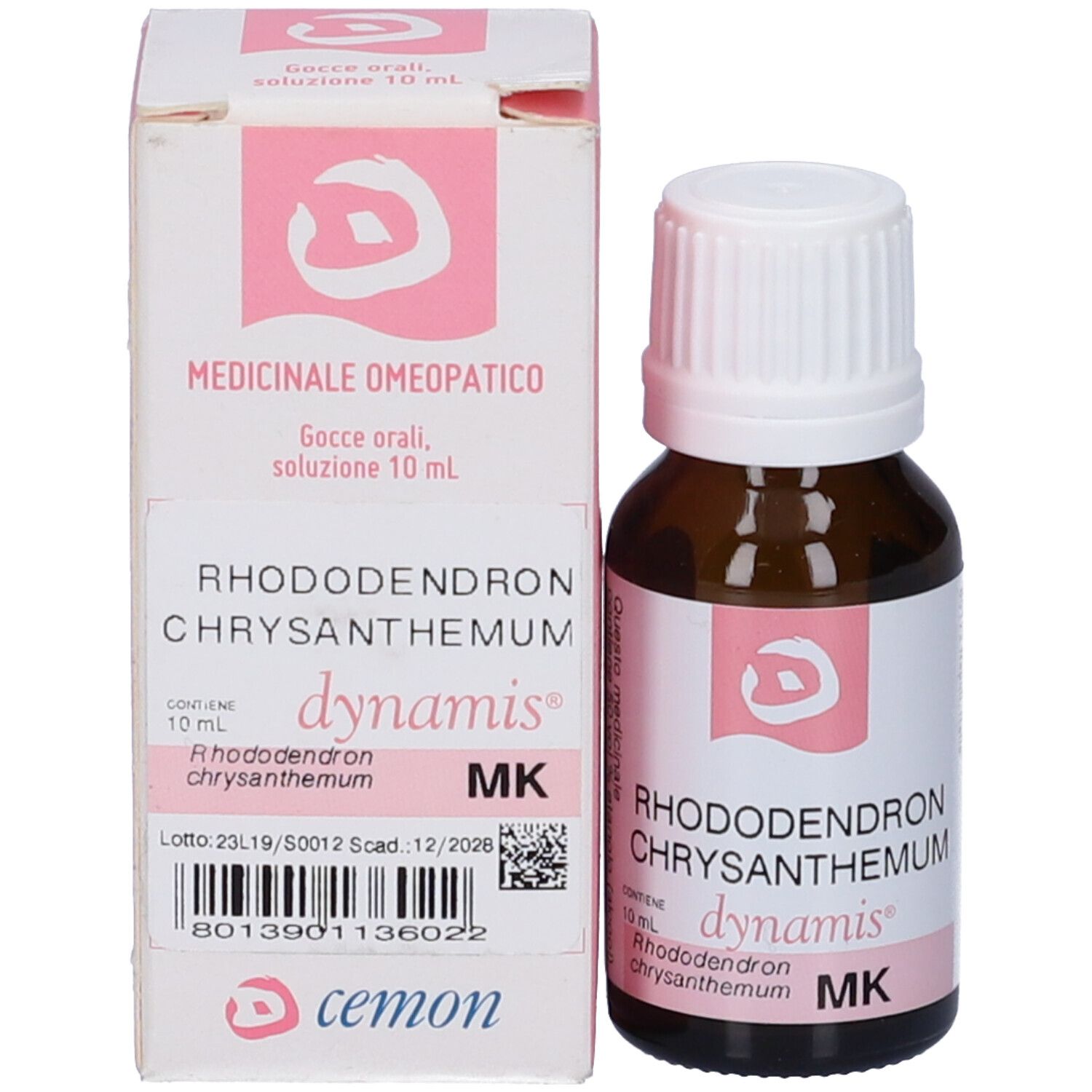 Flacone e confezione del prodotto. Flacone di vetro marrone con tappo bianco. Confezione con testo e logo.