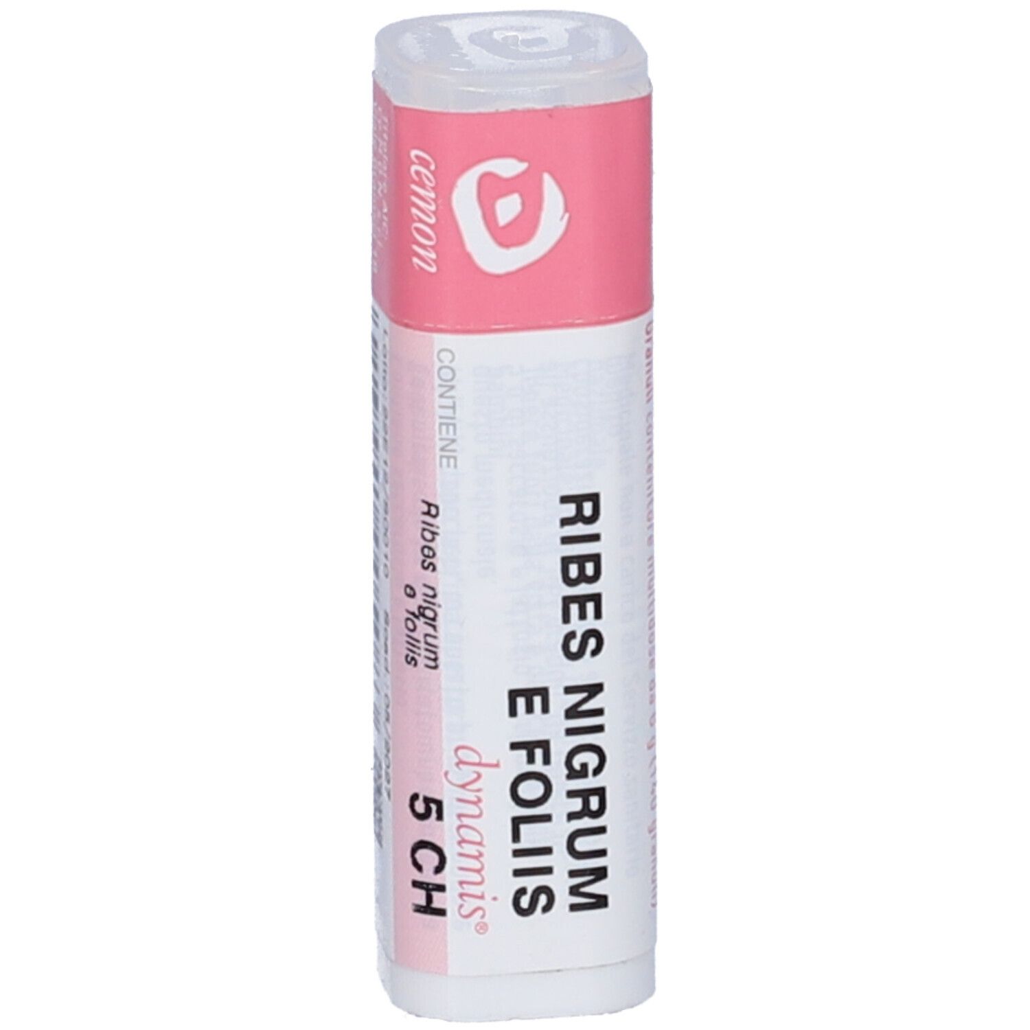 Confezione cilindrica. Etichetta rosa con nome del prodotto e logo. Coperchio bianco. Testo: Ribes Nigrum E Foliis 5 CH.