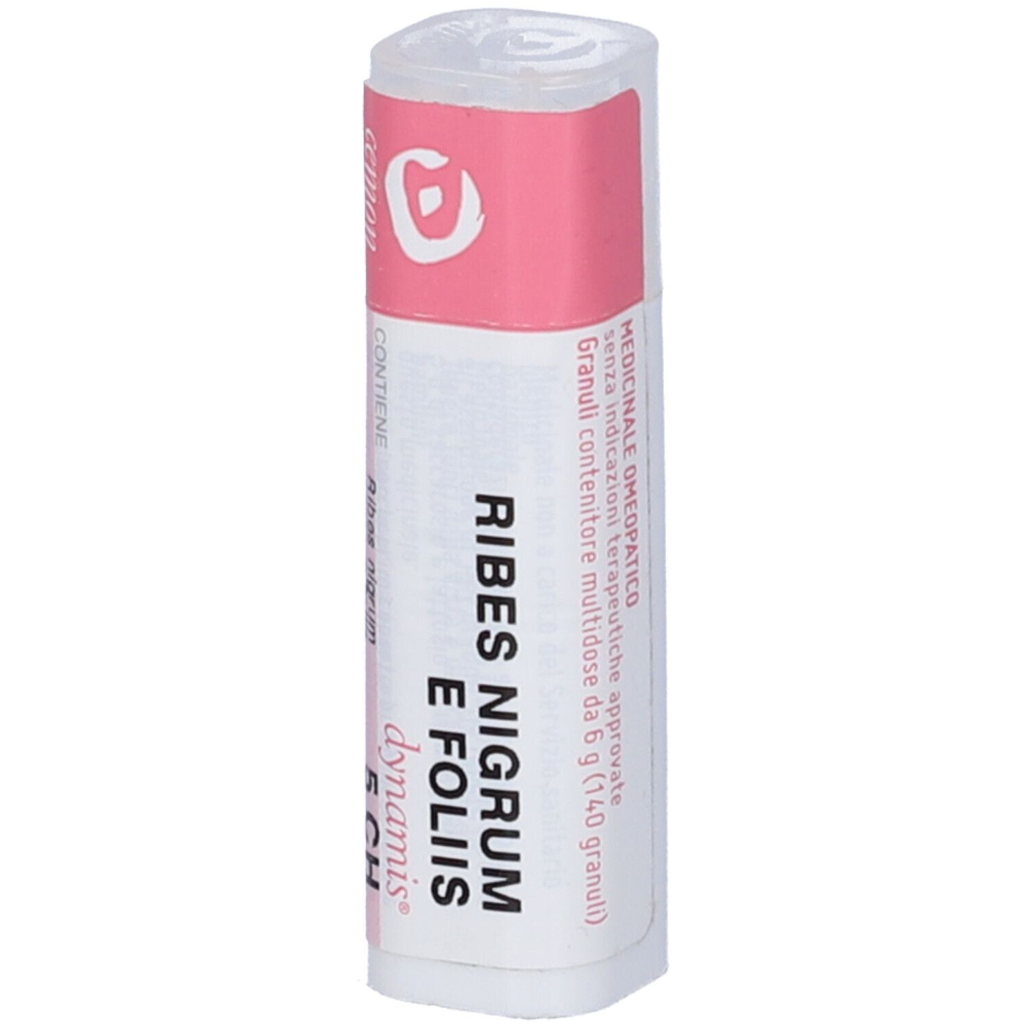 Confezione cilindrica. Etichetta rosa con informazioni sul prodotto. Coperchio bianco. Testo: Ribes Nigrum E Foliis 5 CH.