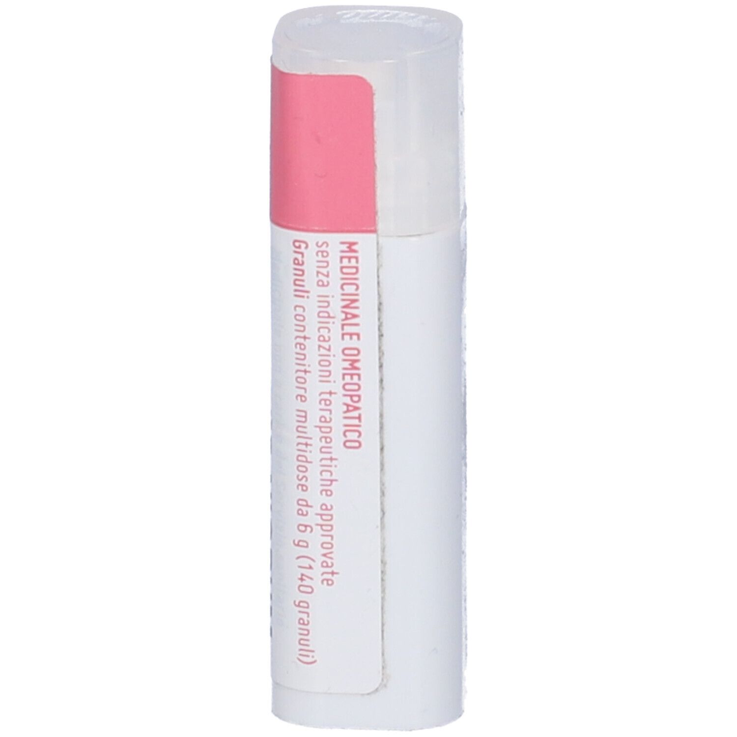 Confezione cilindrica. Contenitore bianco con etichetta rosa. Coperchio trasparente. Nome del prodotto non visibile.
