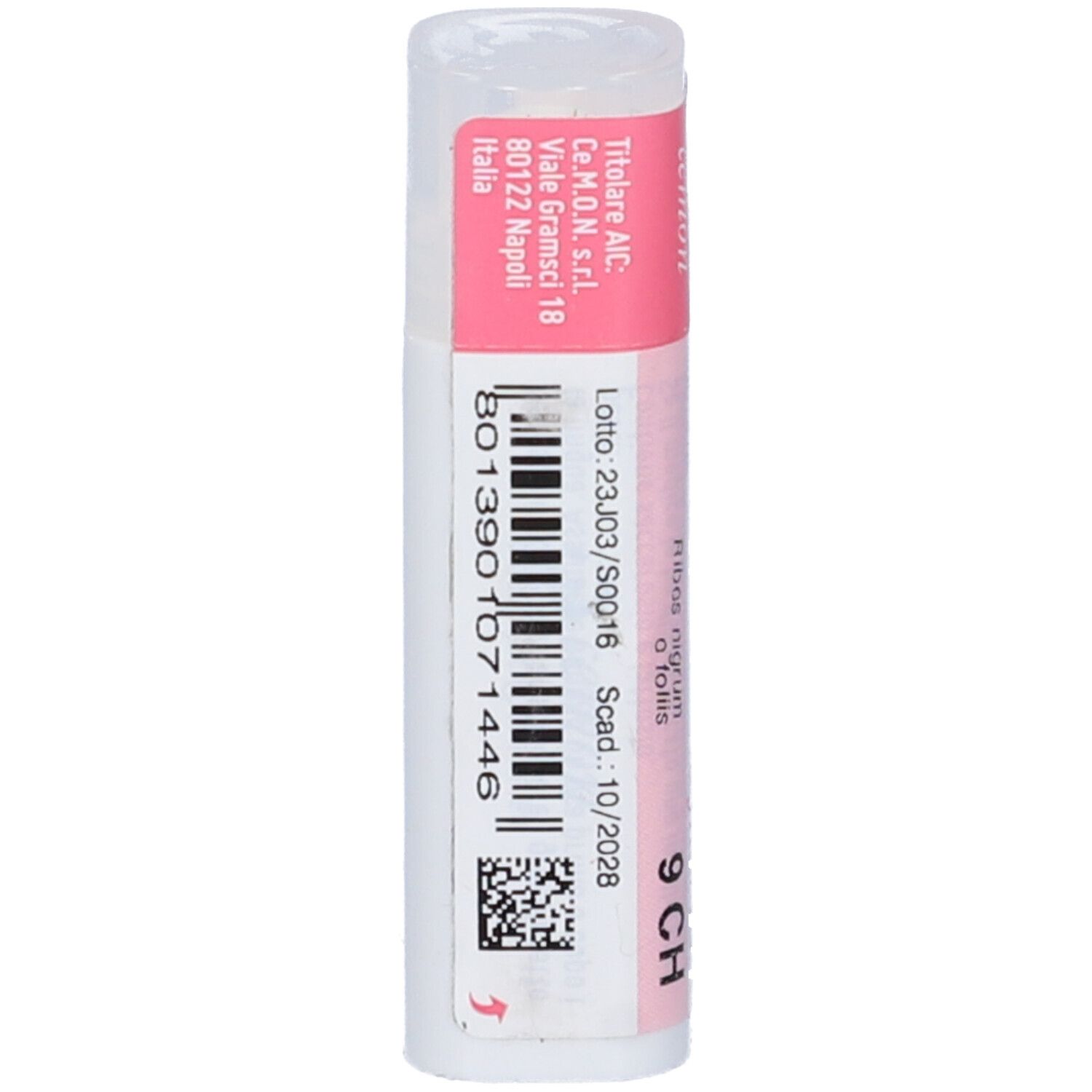 Confezione cilindrica con coperchio rosa. Codice a barre e testo: Lotto, Scad. 10/2028, 9 CH. Marchio: cemon.