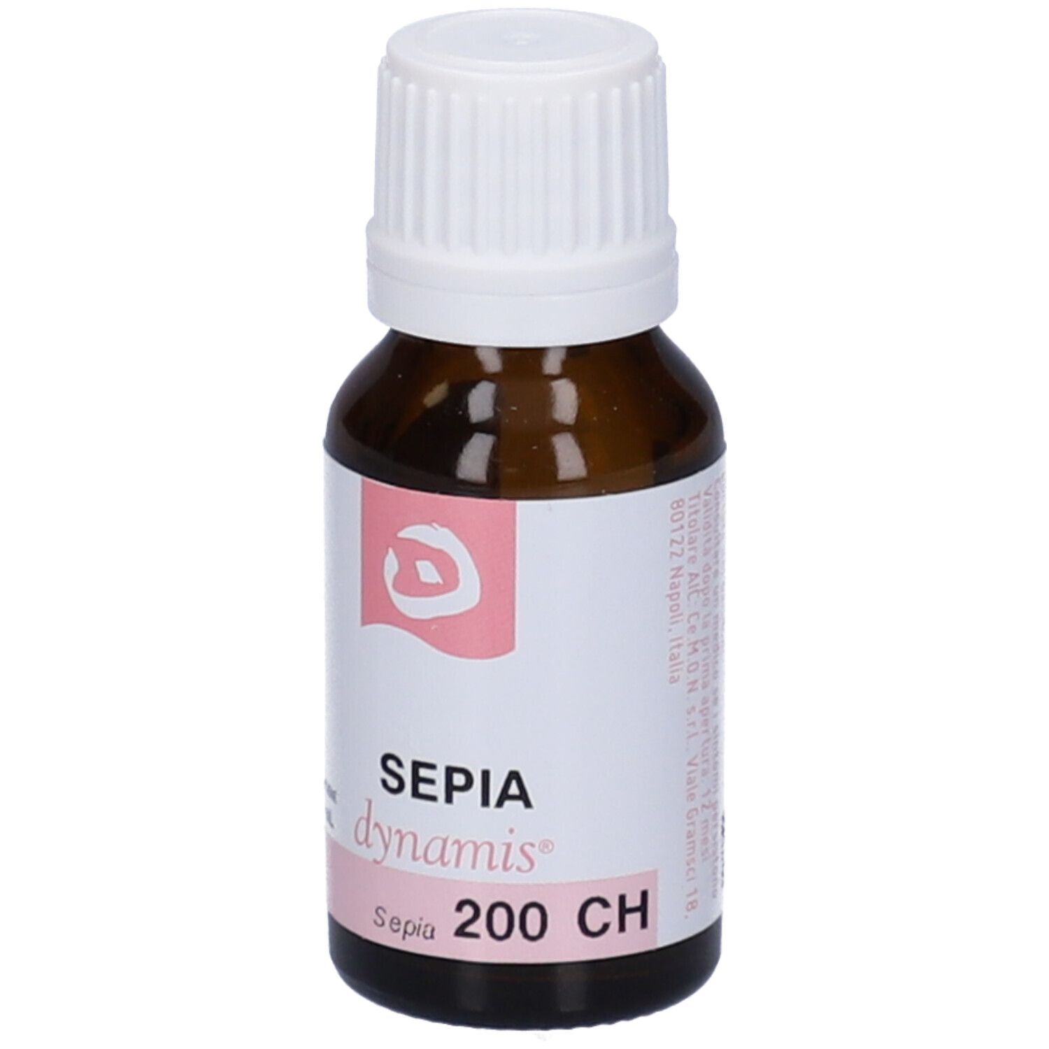 Flacone in vetro marrone con tappo bianco. Etichetta con testo. Scritta: SEPIA 200 CH.