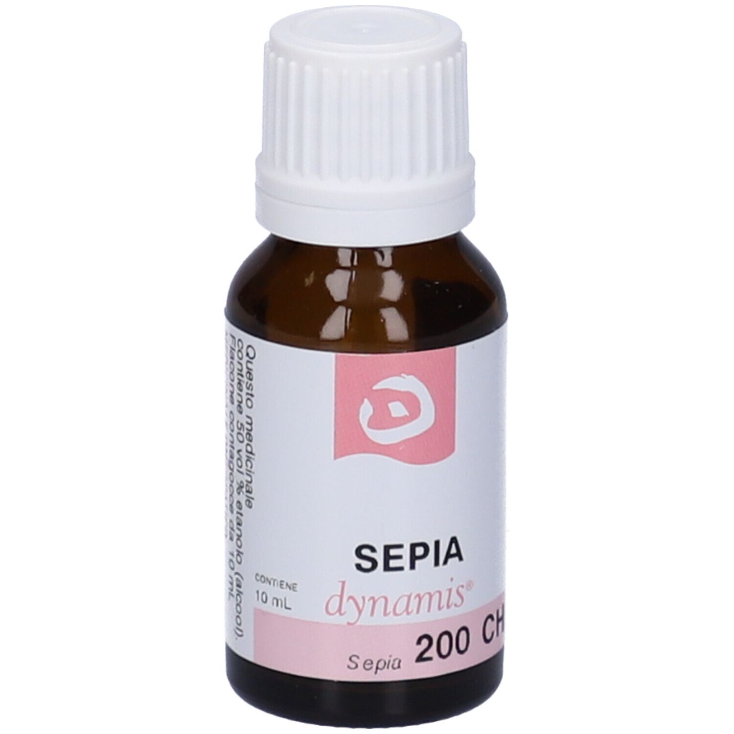 Flacone in vetro marrone con tappo bianco. Etichetta con testo. Scritta: SEPIA 200 CH.