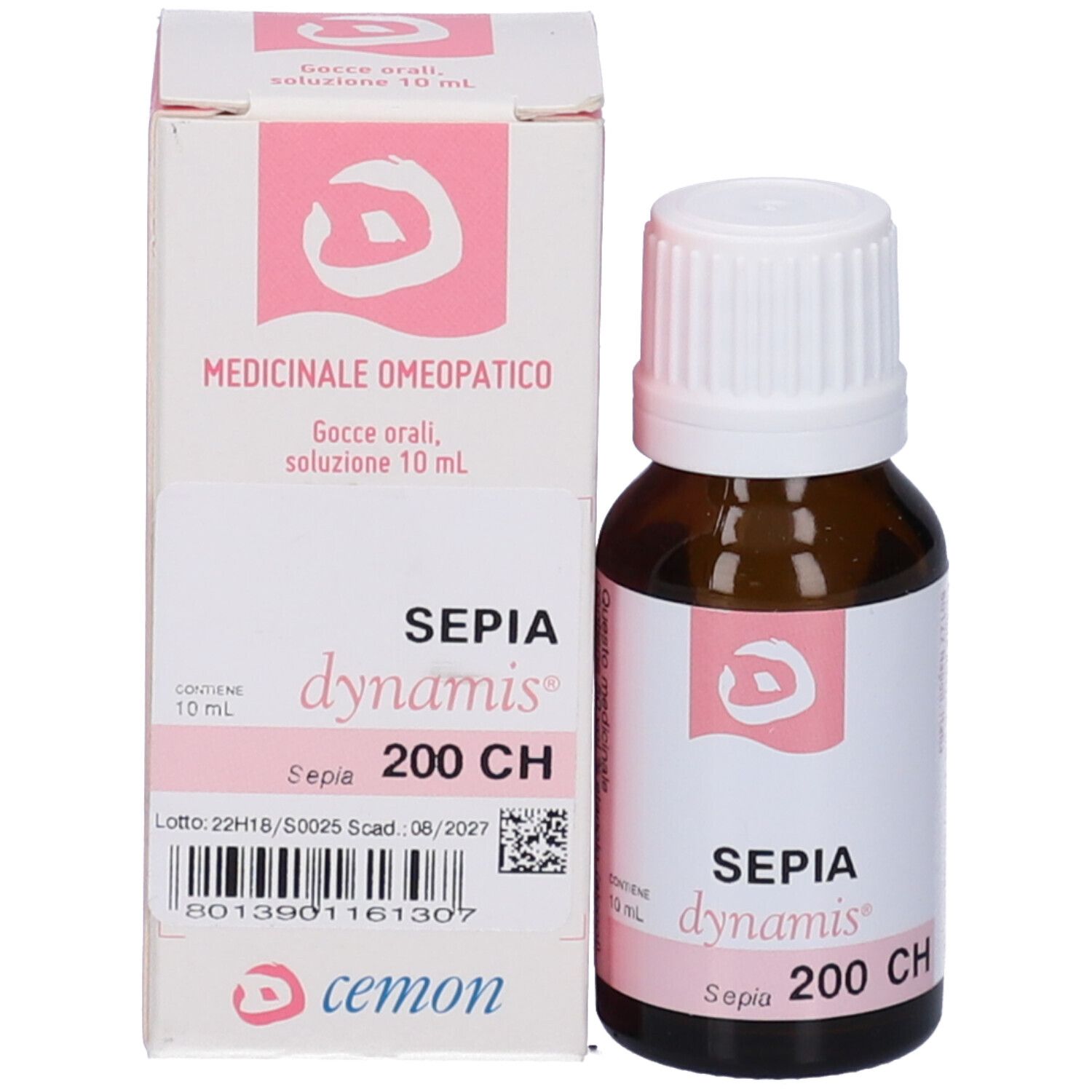 Flacone in vetro marrone e scatola. Scritta: SEPIA 200 CH, dynamis, cemon. Scatola: Medicinale.
