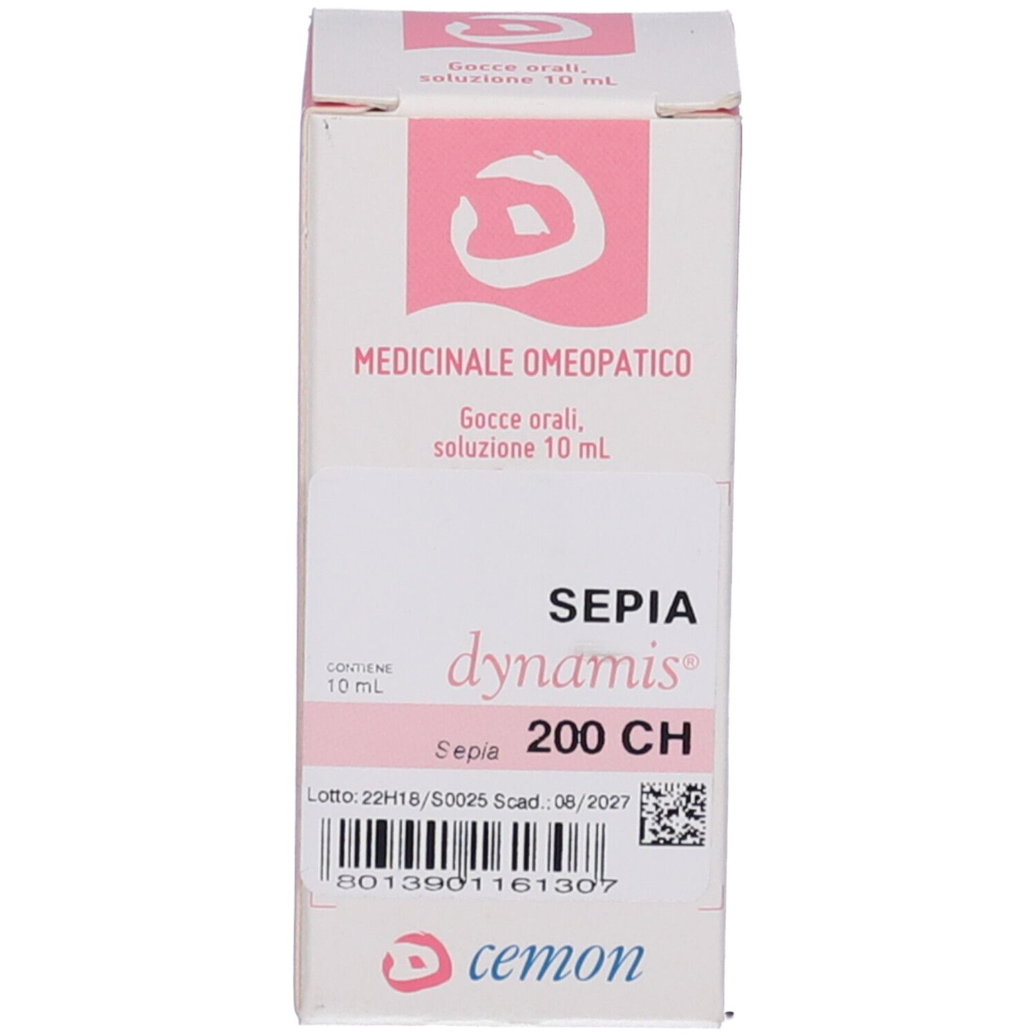 Scatola con scritta: SEPIA 200 CH, dynamis, cemon. Scatola: Medicinale.