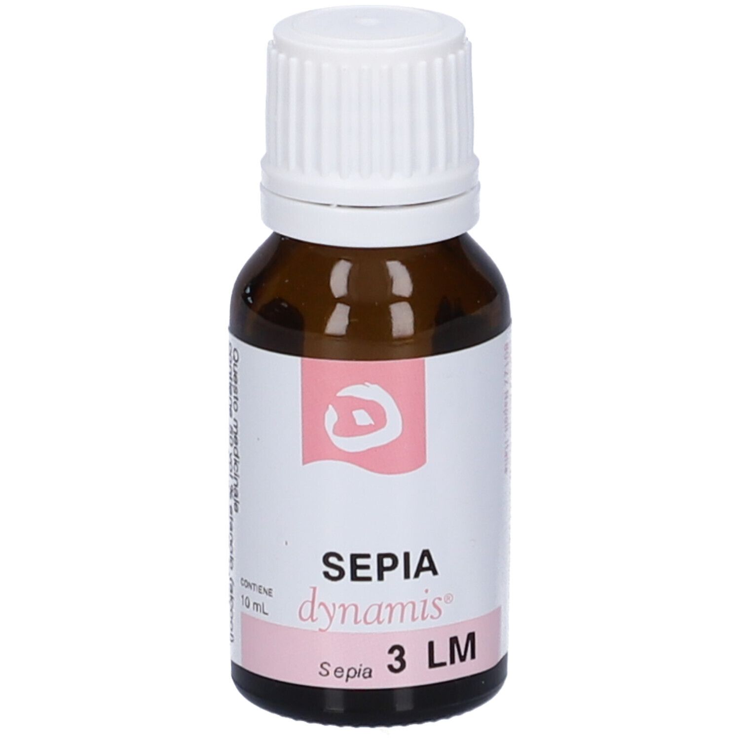 Flacone in vetro marrone con tappo bianco. Etichetta: SEPIA dynamis 3 LM.